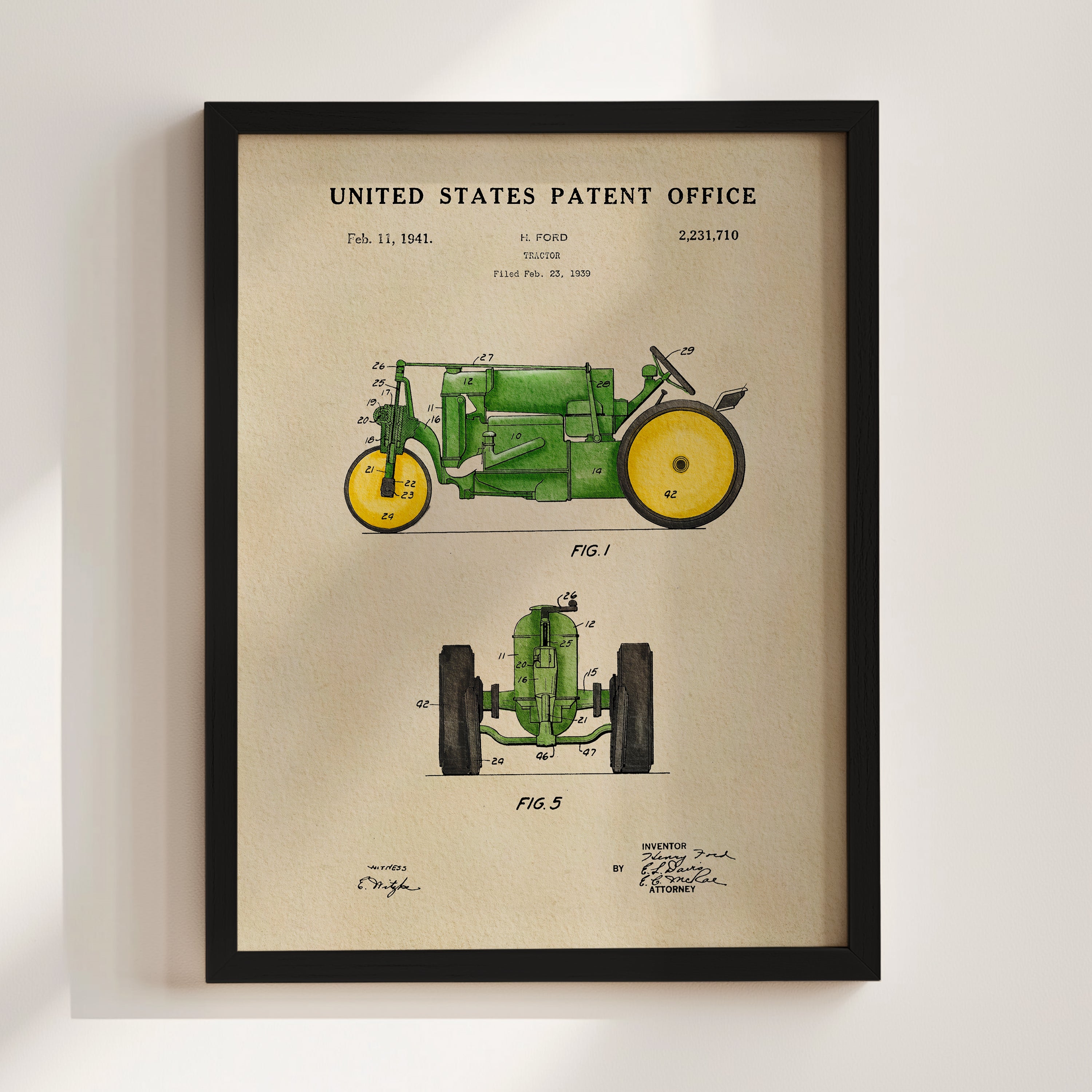 The image is a framed patent drawing of a tractor, depicting its design and features.