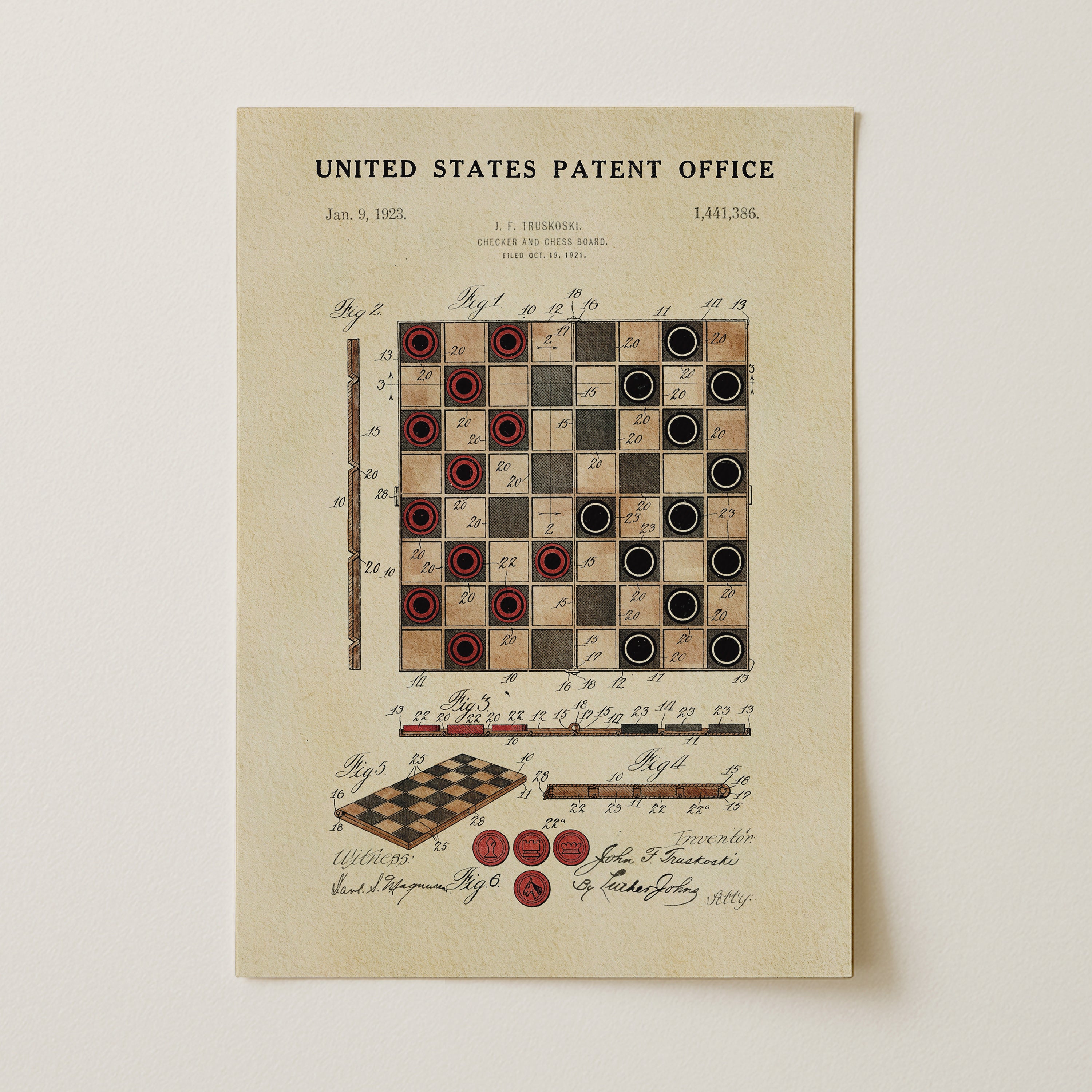 The image is a patent drawing from the United States Patent Office, depicting a checkerboard with red and black checkers.