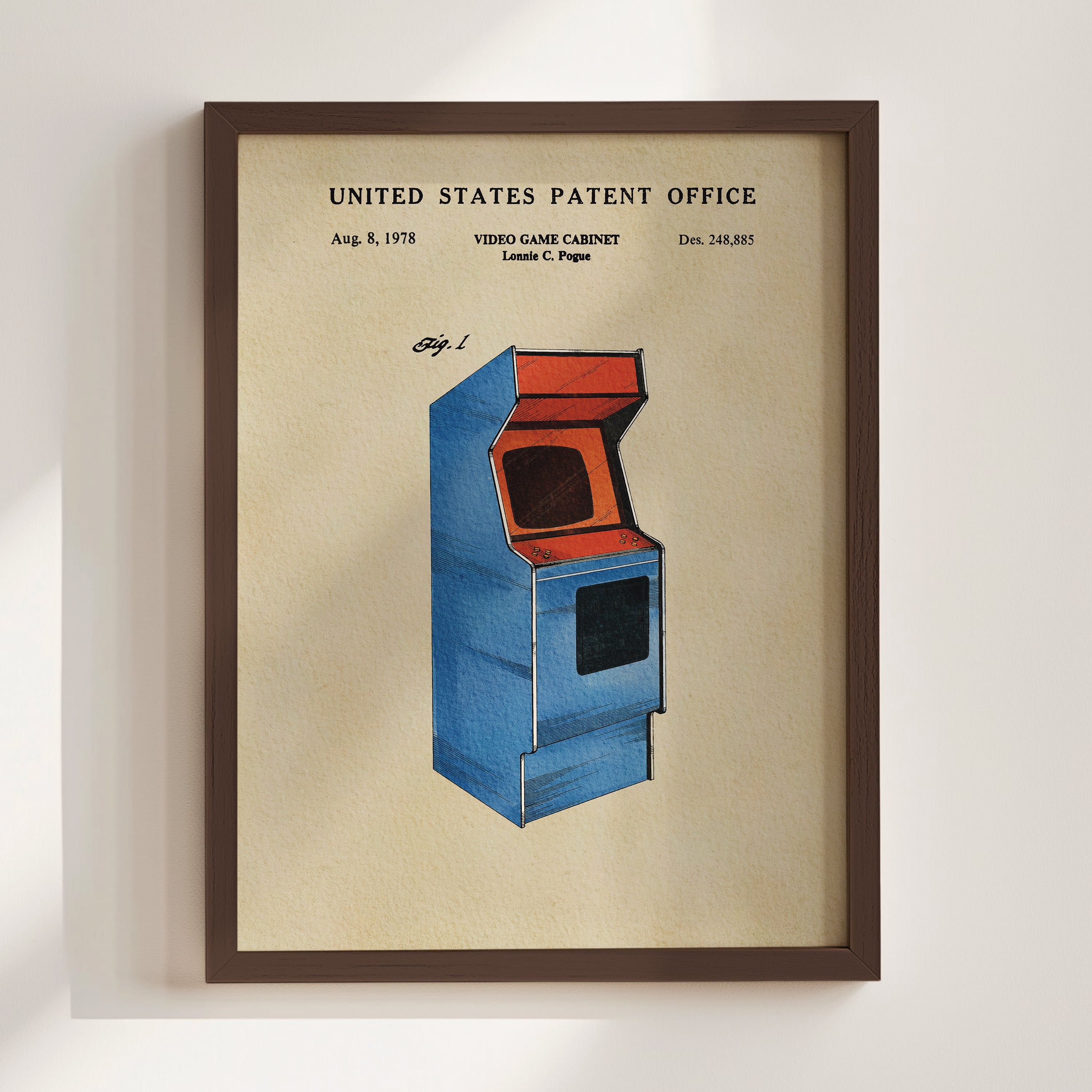 The image is a framed patent drawing of a video game cabinet from the United States Patent Office, dated August 8, 1978.