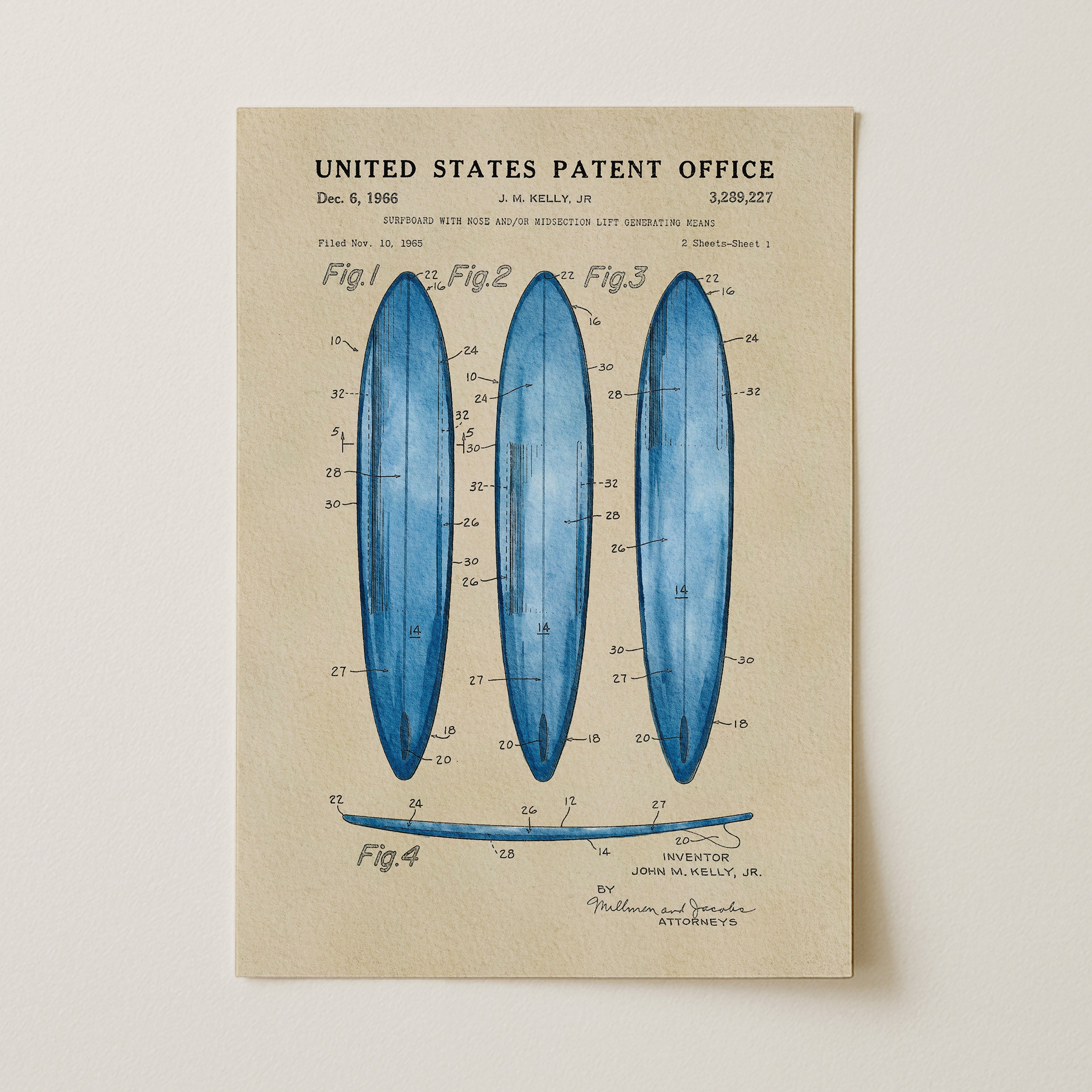 The image is a printed patent drawing of three blue surfboards, depicting their design and features.