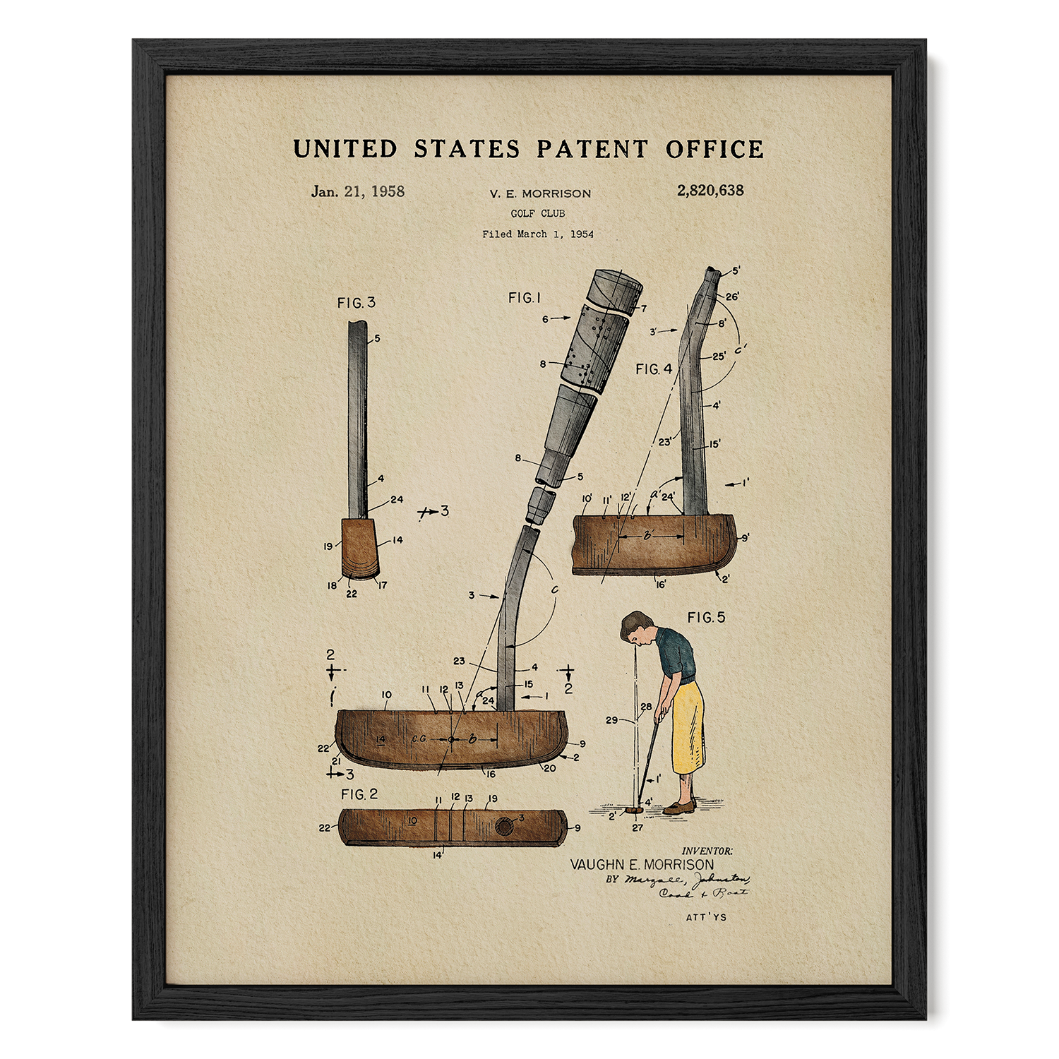 The image is a framed patent drawing depicting a golf club from 1958, featuring a man using a club to clean the ground.