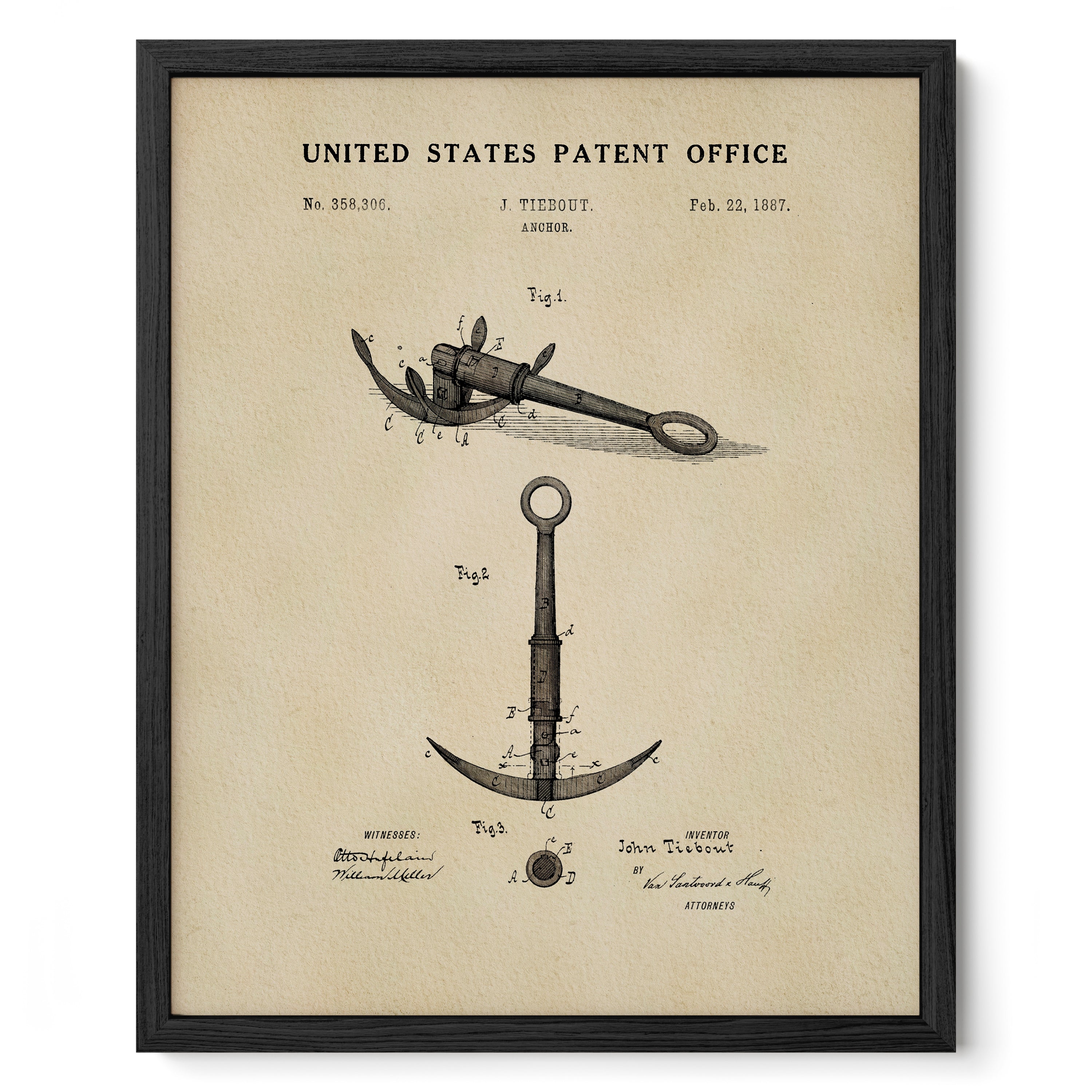 The image is a framed patent drawing depicting a naval anchor from the United States Patent Office.