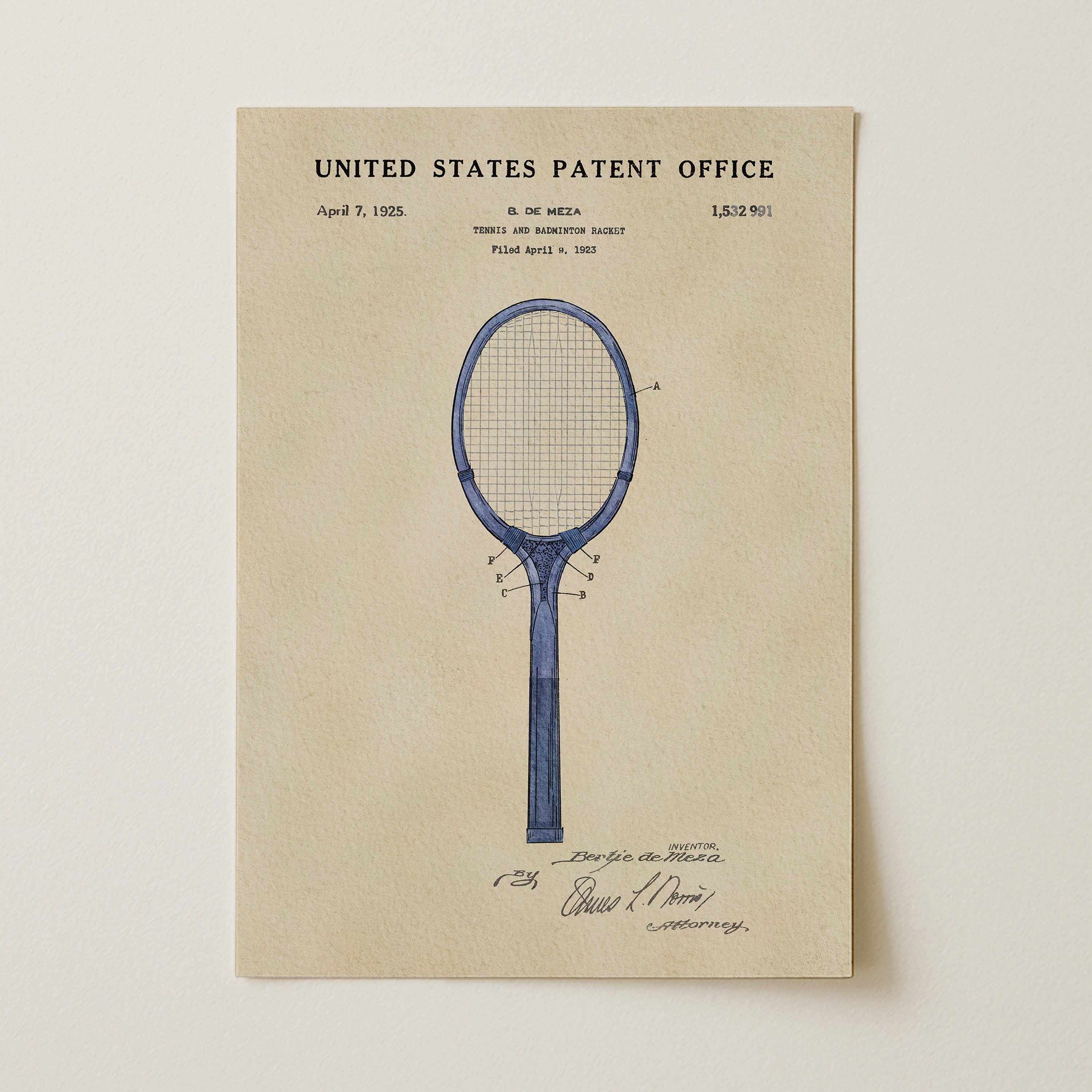 The image is a patent drawing of a tennis racket, depicting the design and features of the racket.