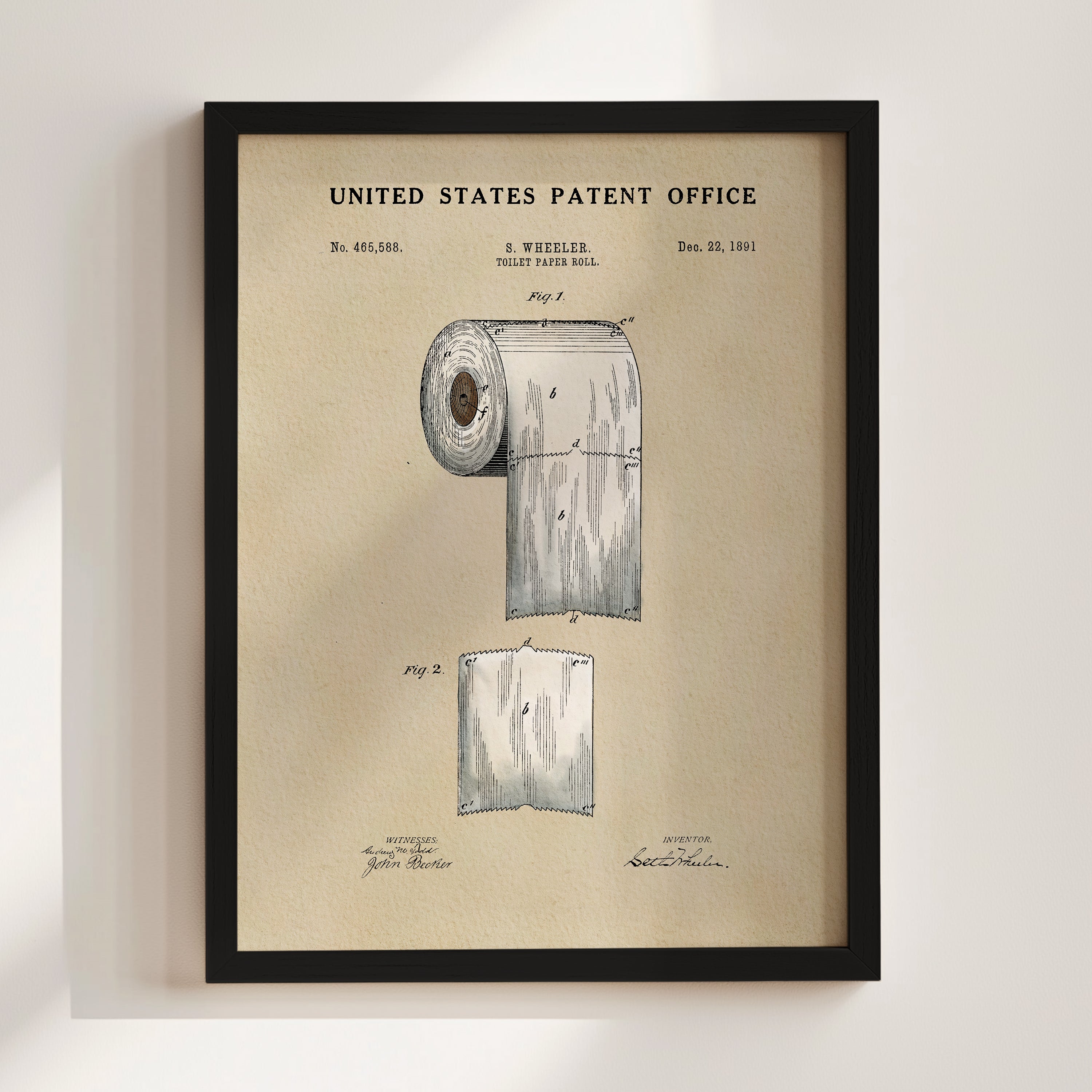 The image is a framed print of a United States patent office patent related to toilet paper.