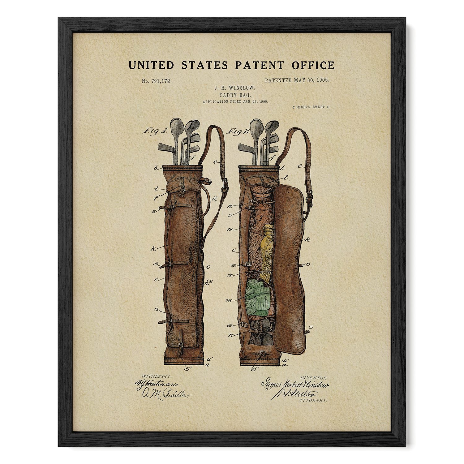 The image is a framed patent drawing depicting a golf bag with a detailed illustration of its design and features.