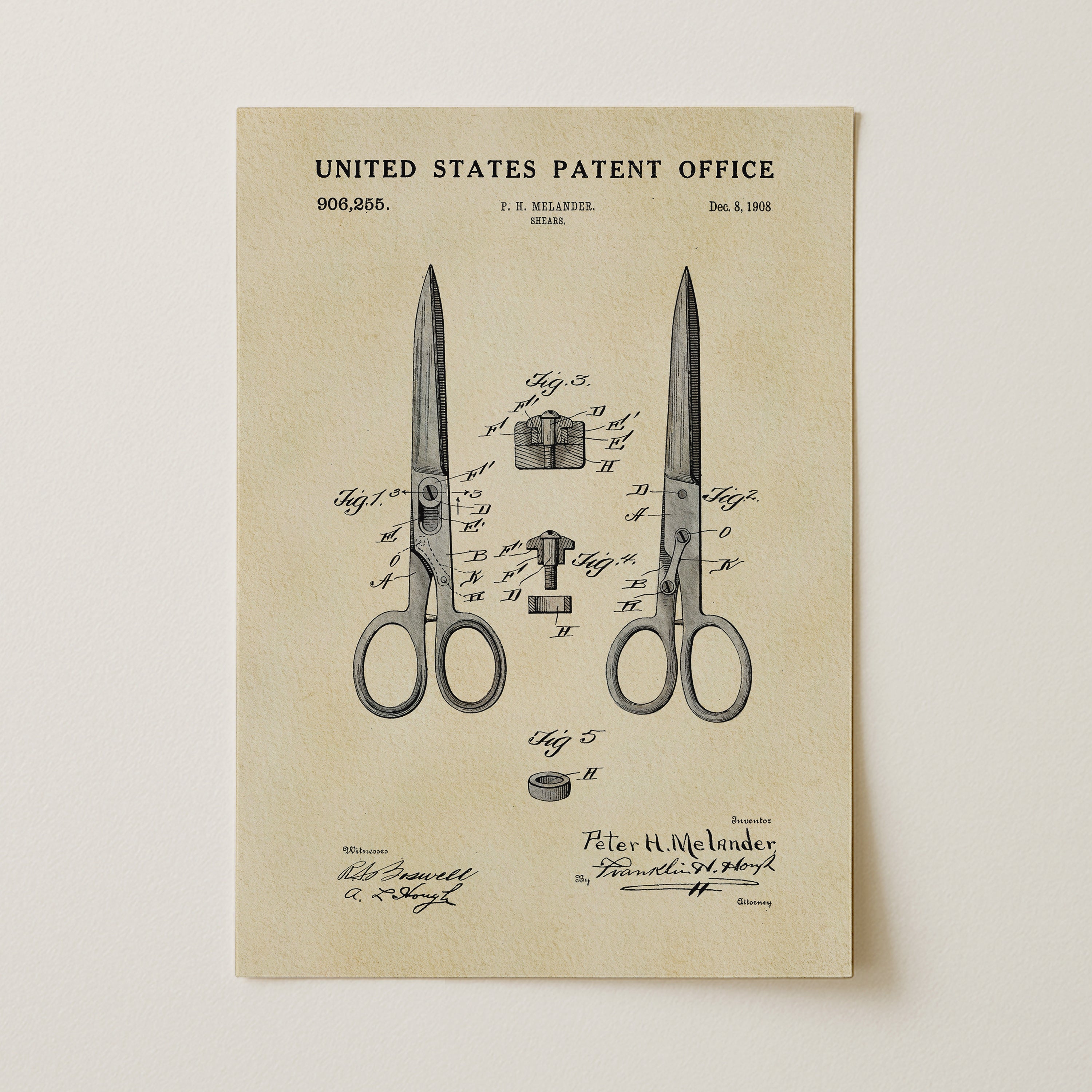 The image is a patent drawing from the United States Patent Office, depicting a pair of scissors with detailed technical drawings and annotations.