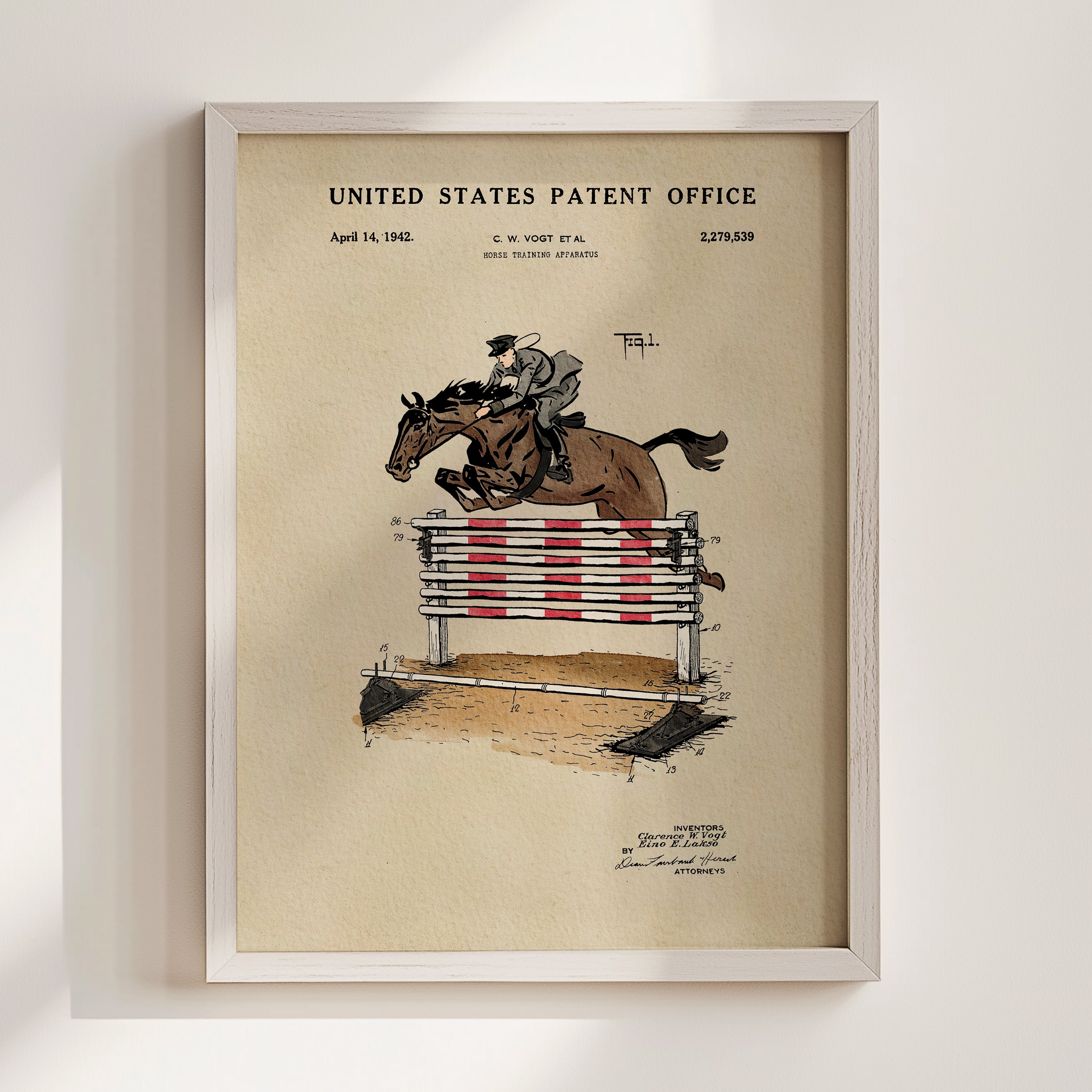 The image is a framed print of a patent filing from the United States Patent Office, dated April 14, 1942, featuring an illustration of a horse jumping over a red and white striped obstacle.