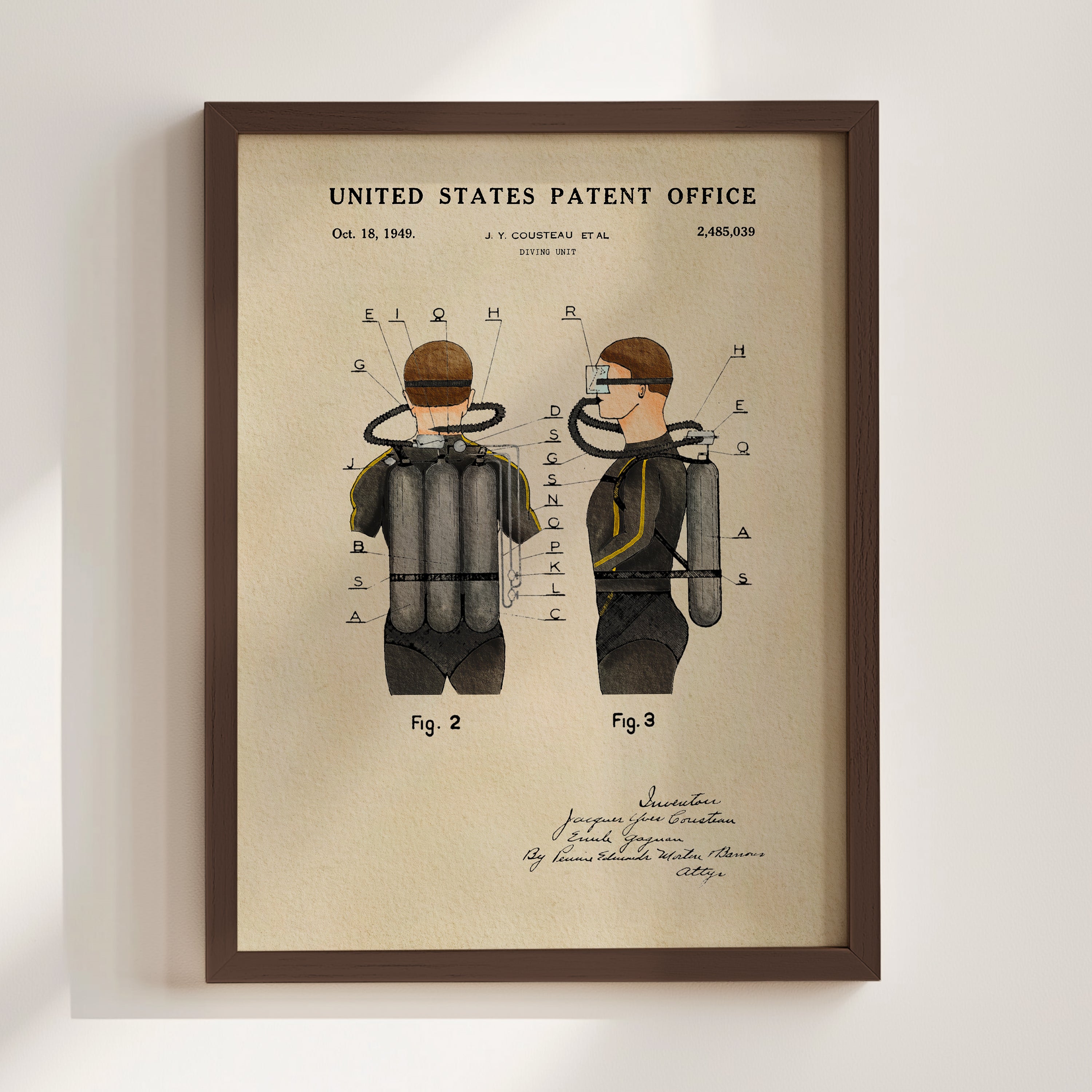 The image is a framed patent drawing depicting a diving suit with various components, including a helmet, a wetsuit, and a breathing apparatus.