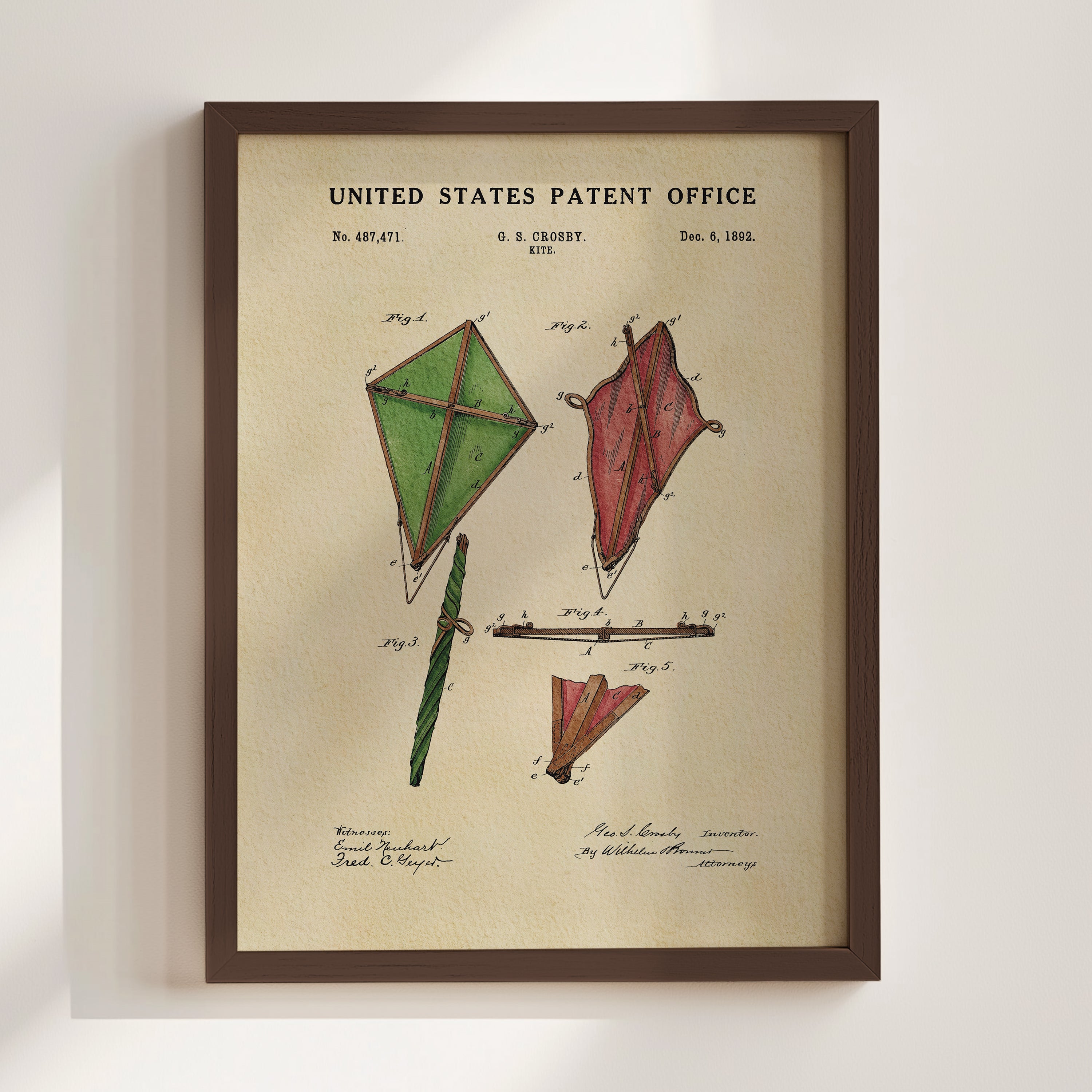 The image is a framed print of a United States patent office patent from Dec. 6, 1983, featuring a kite design.