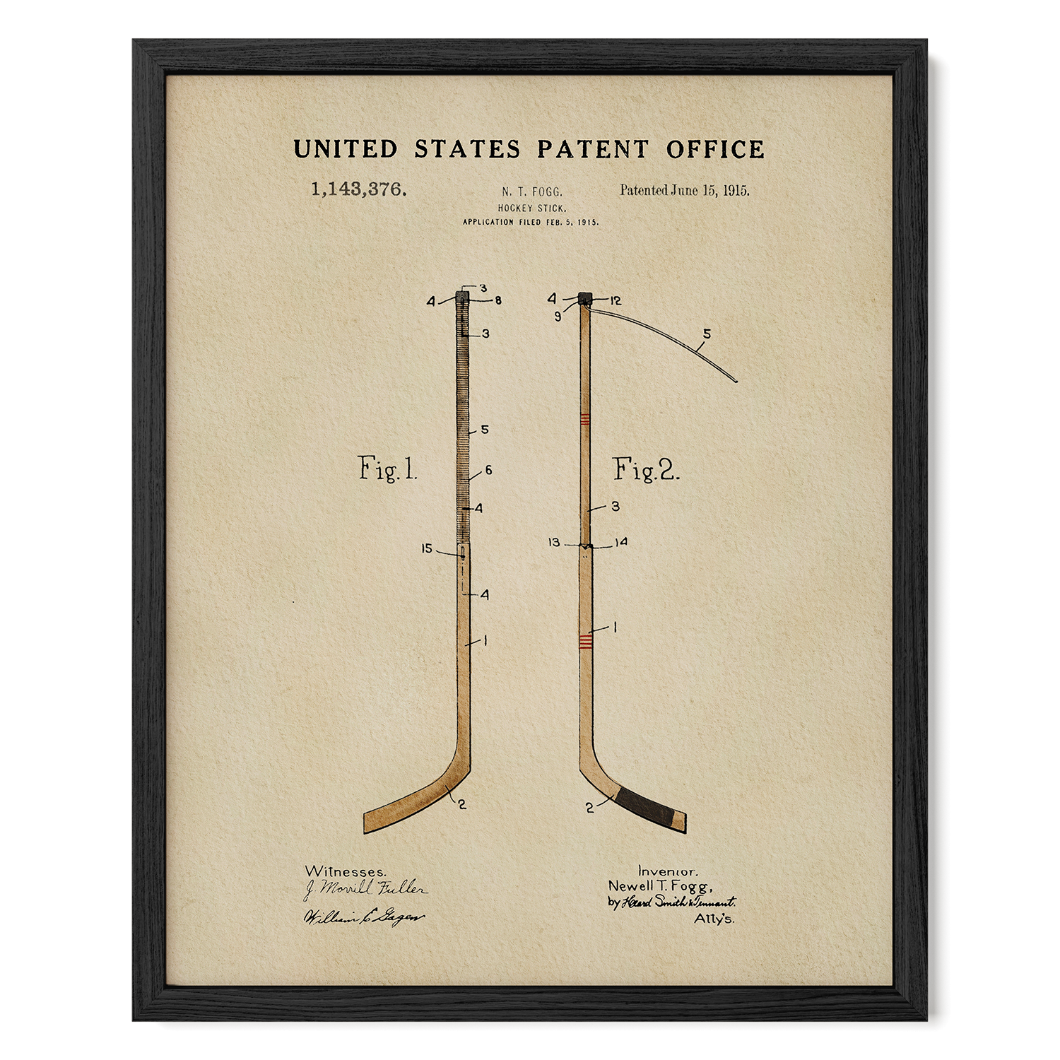 The image is a framed patent drawing from the United States Patent Office, depicting a hockey stick with a curved blade and a curved handle.