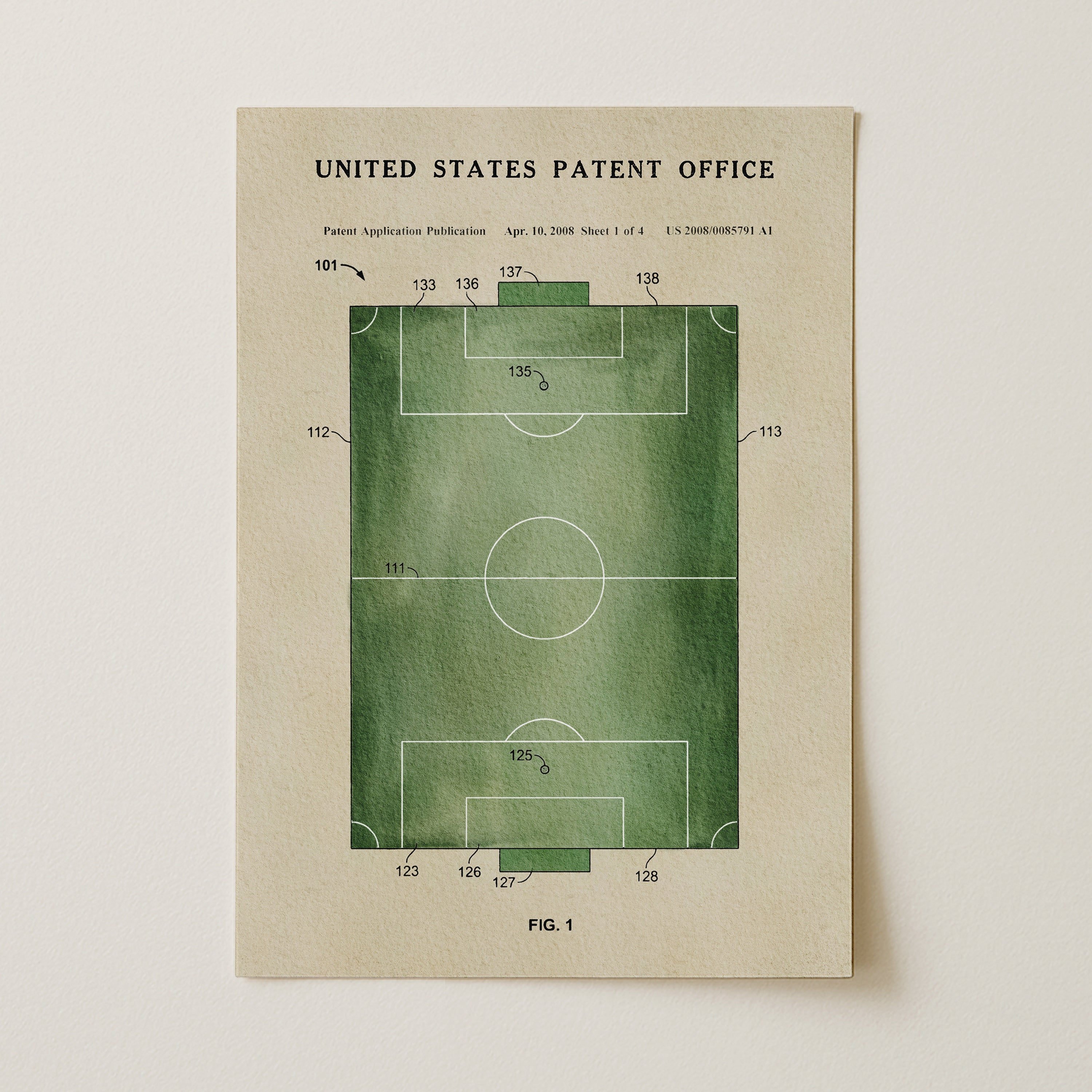The image is a patent application publication from the United States Patent Office, depicting a green soccer field with white markings and numbers indicating various sections of the field.