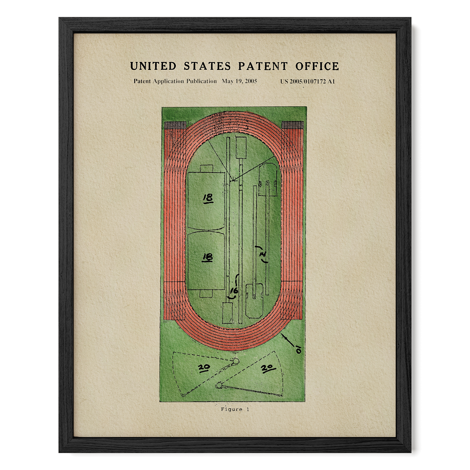 The image is a framed print depicting a vintage-style patent application from the United States Patent Office, dated May 19, 2005.