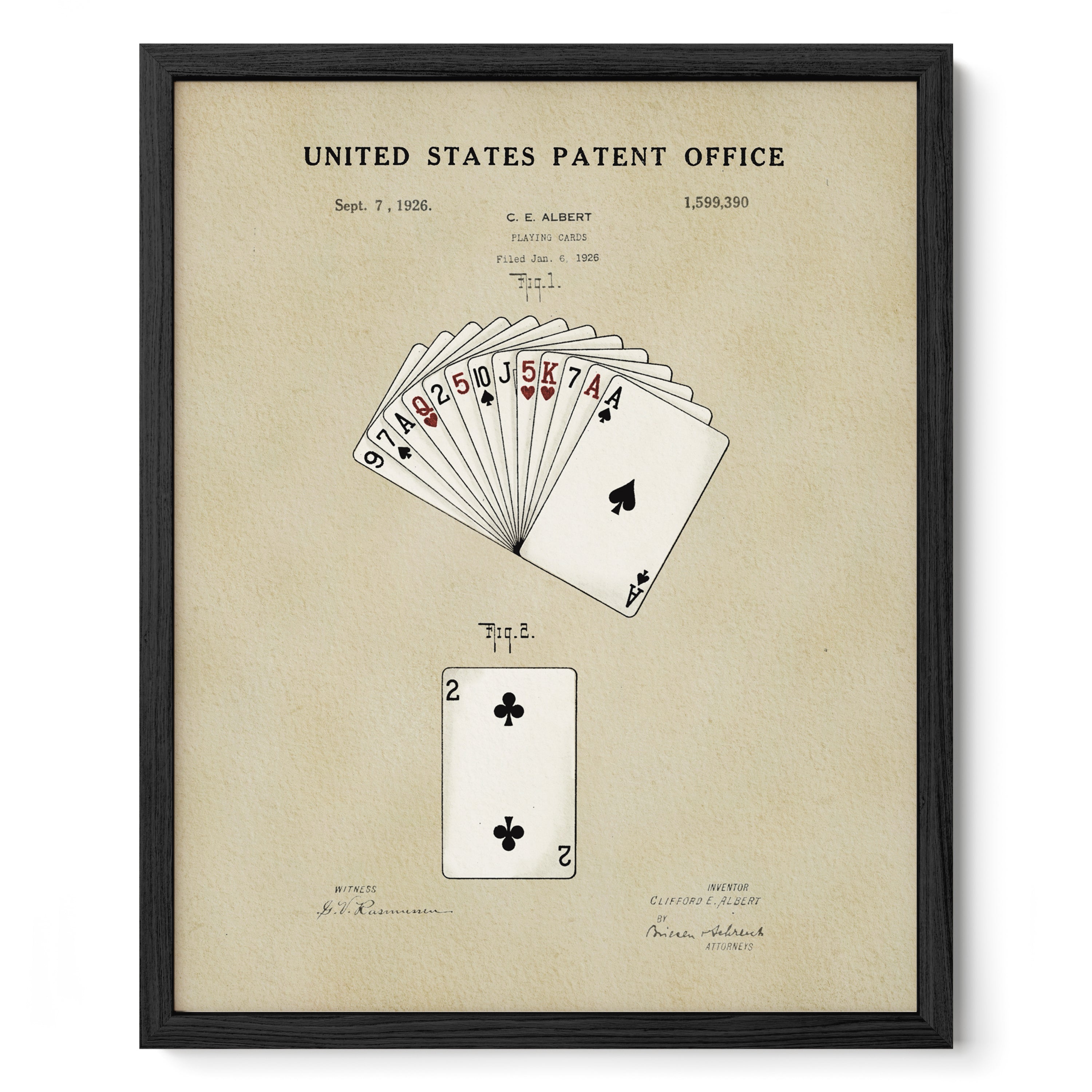 The image is a framed print depicting a patent application for a poker game, specifically the