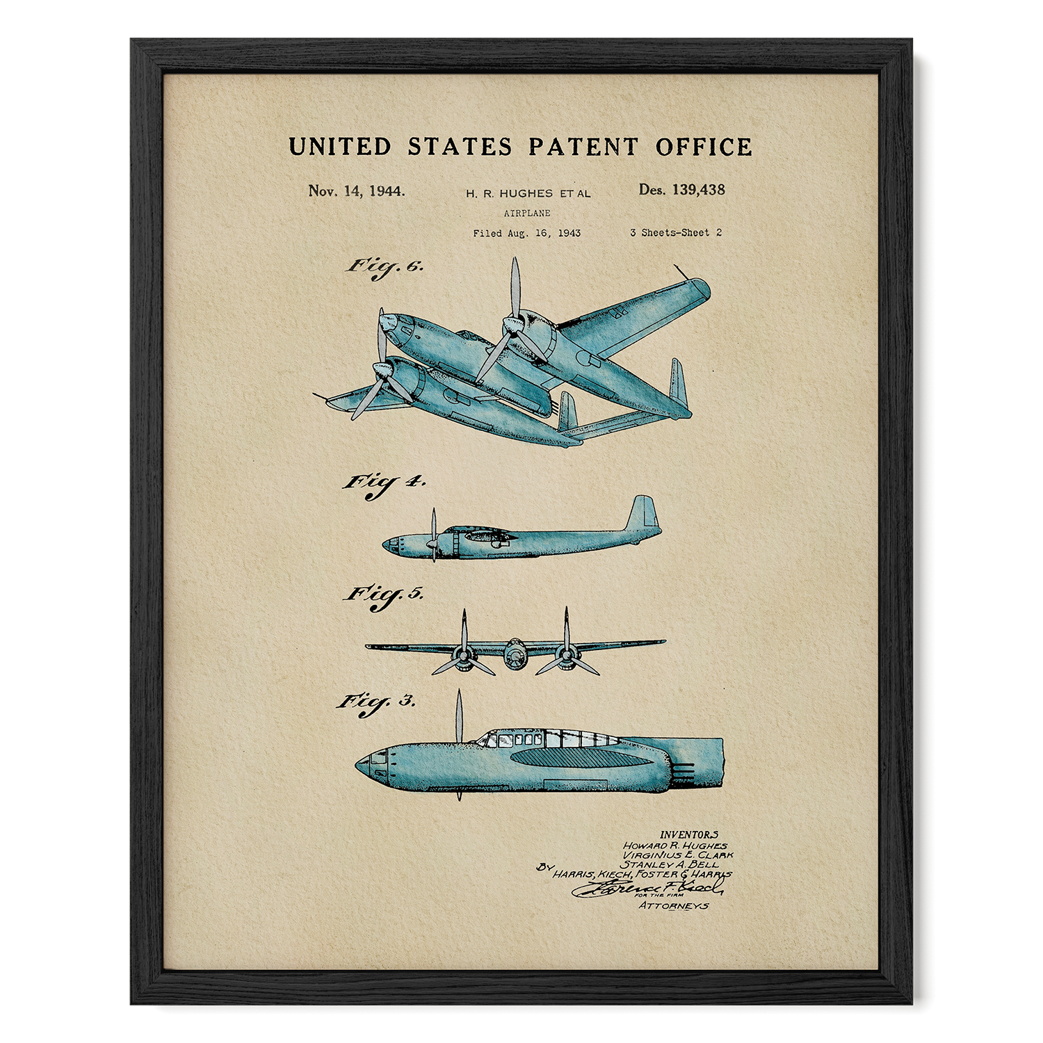 The image is a framed patent drawing of a blue airplane, depicting the design and features of the aircraft.