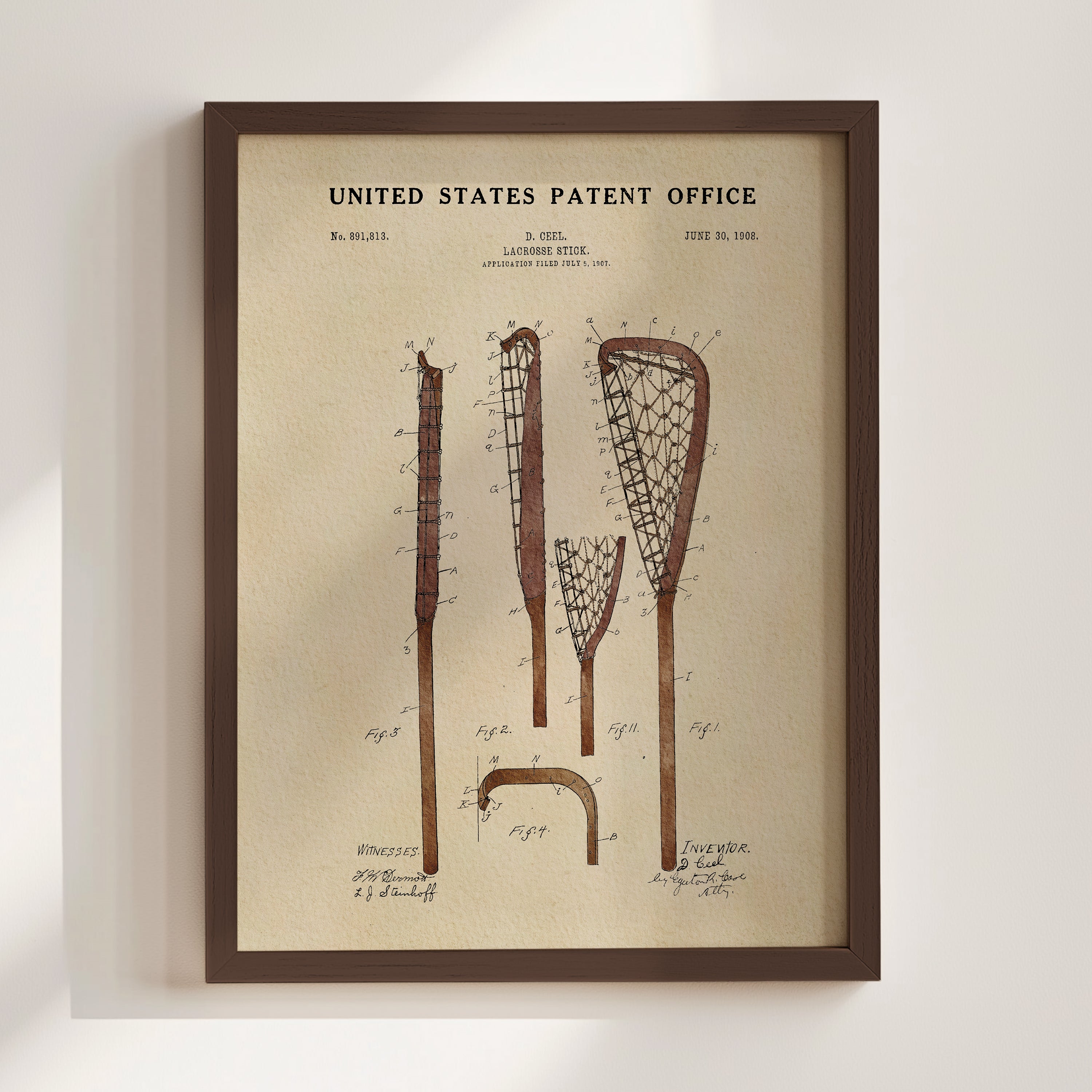 The image is a framed print of a United States patent office patent from June 30, 1908, depicting a lacrosse stick.