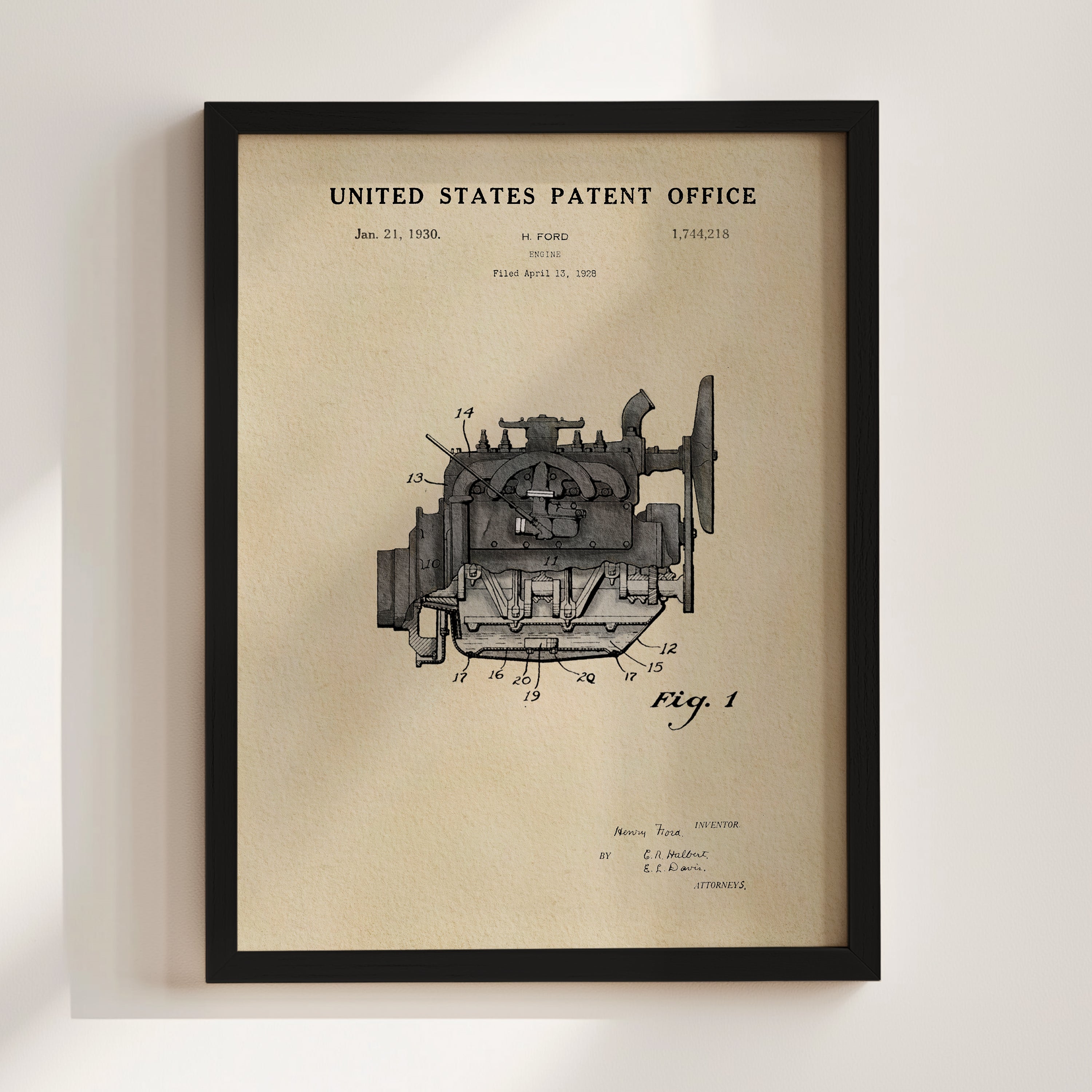 The image is a framed patent drawing depicting an engine, which is a piece of machinery used for propulsion.