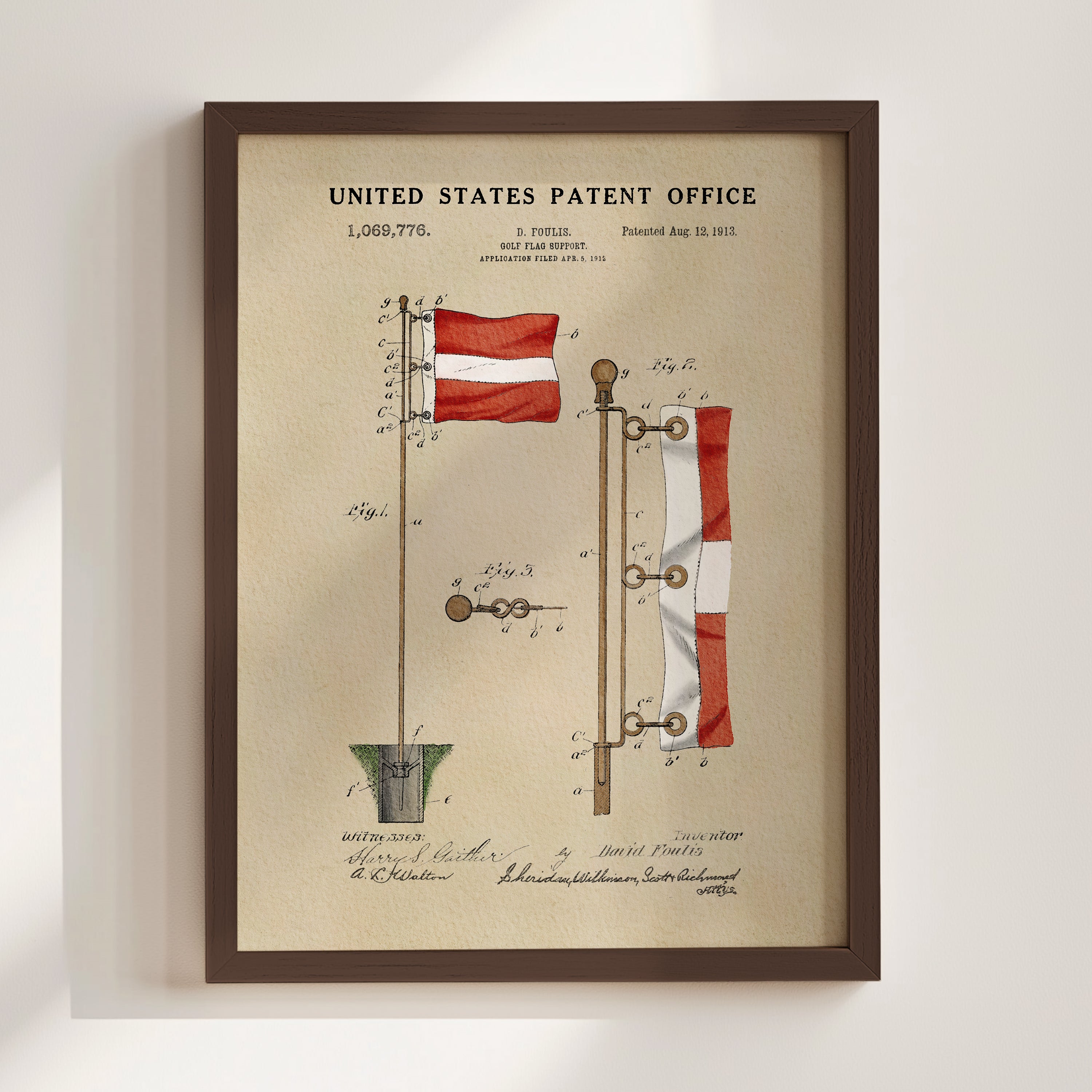 The image is a framed patent drawing from the United States Patent Office, depicting a flagpole with a flag attached to it.