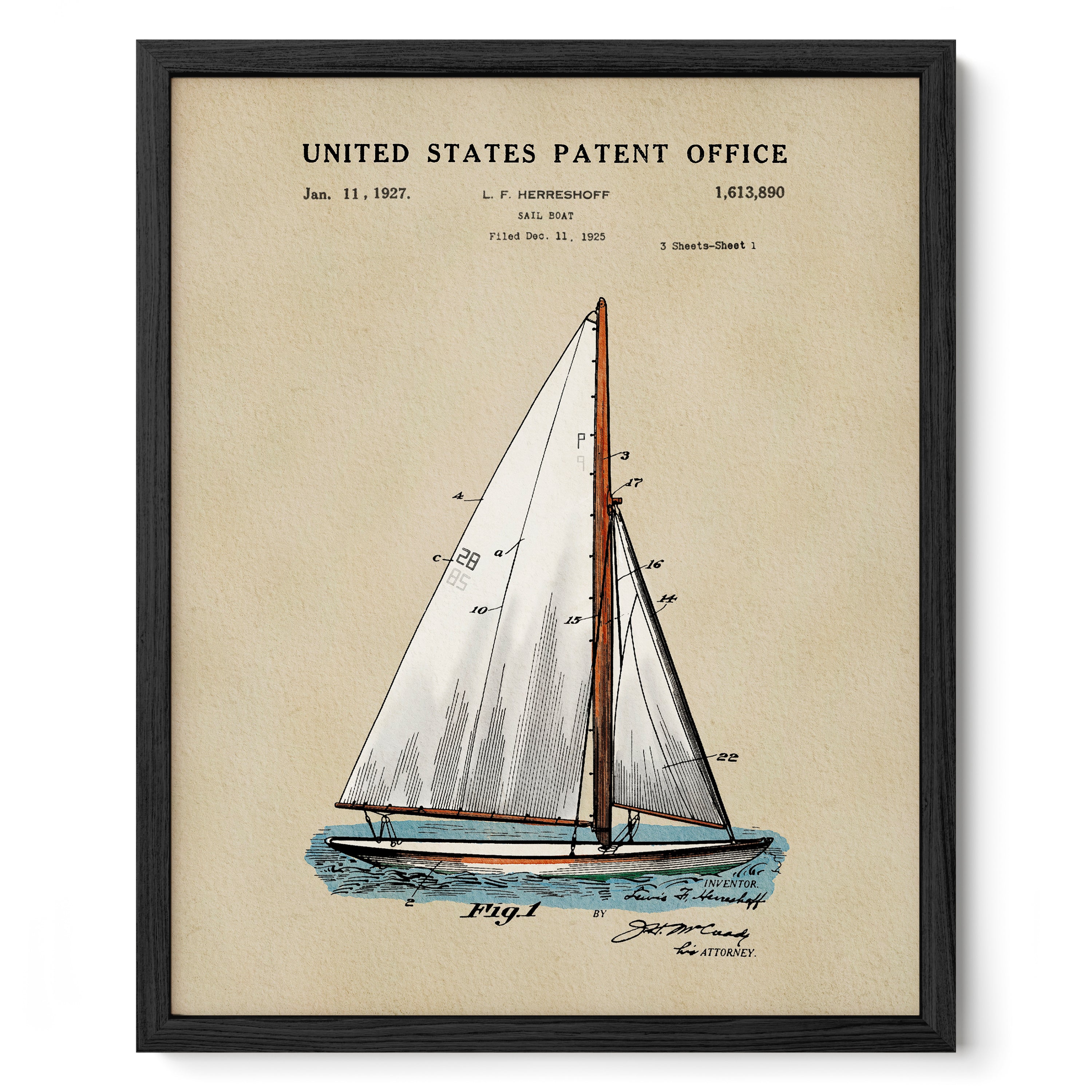 A framed print depicting a detailed illustration of a sailboat with a tall mast and billowing sails, along with the text