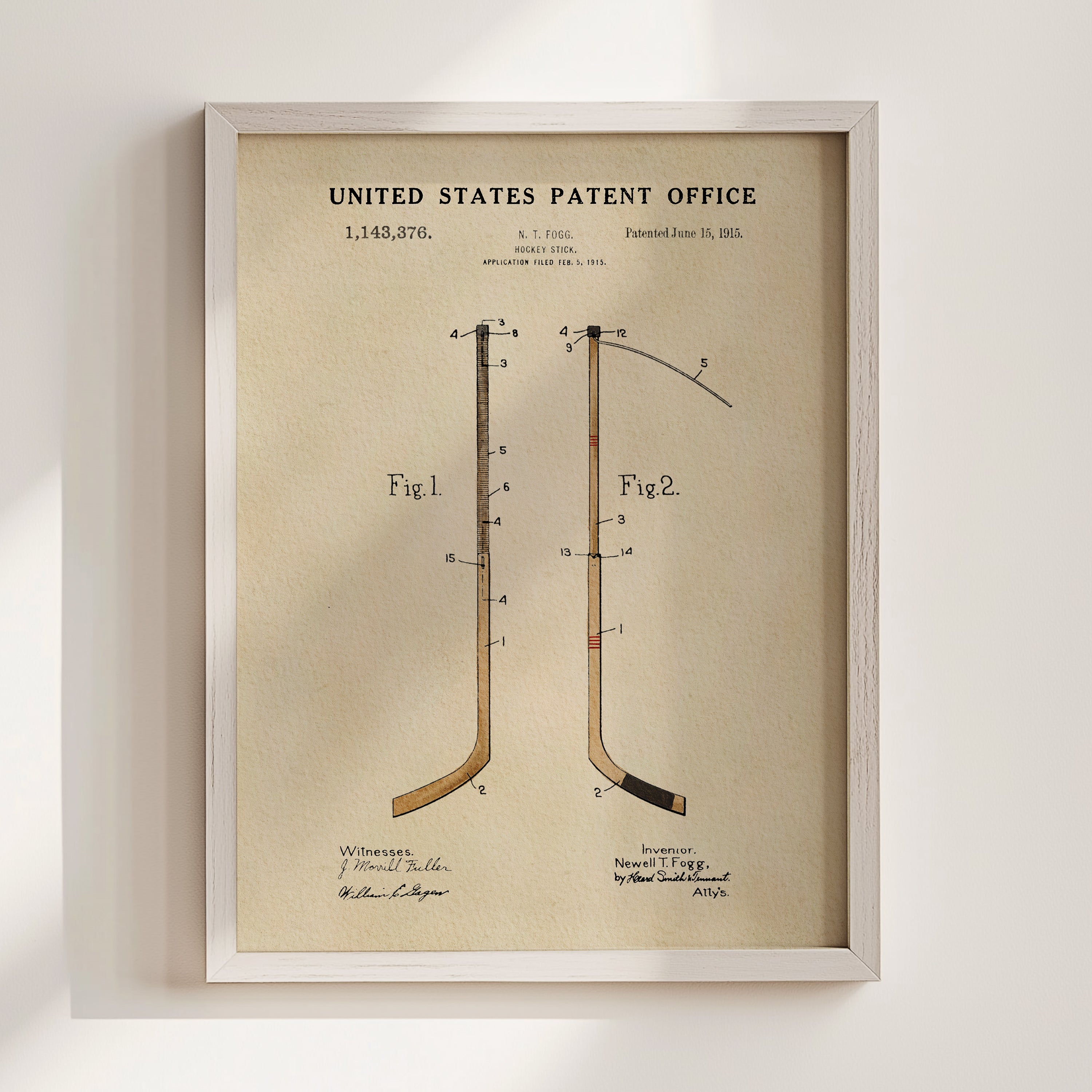 The image is a framed print of a patent drawing from the United States Patent Office, depicting a hockey stick with a diagram and text.