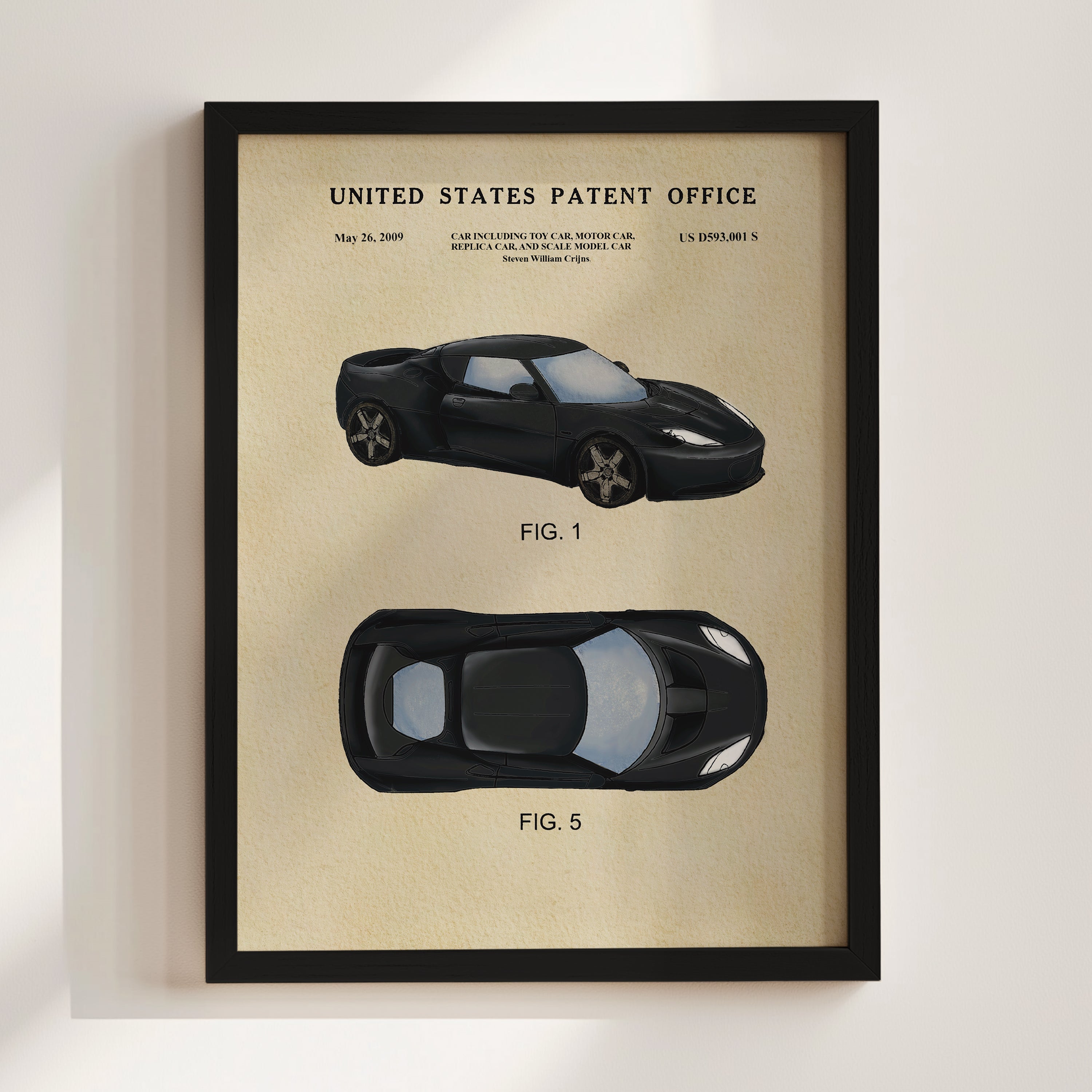 The image is a patent application from the United States Patent Office, featuring a black sports car design. The application is dated May 26, 2009, and includes two figures depicting the car's design.