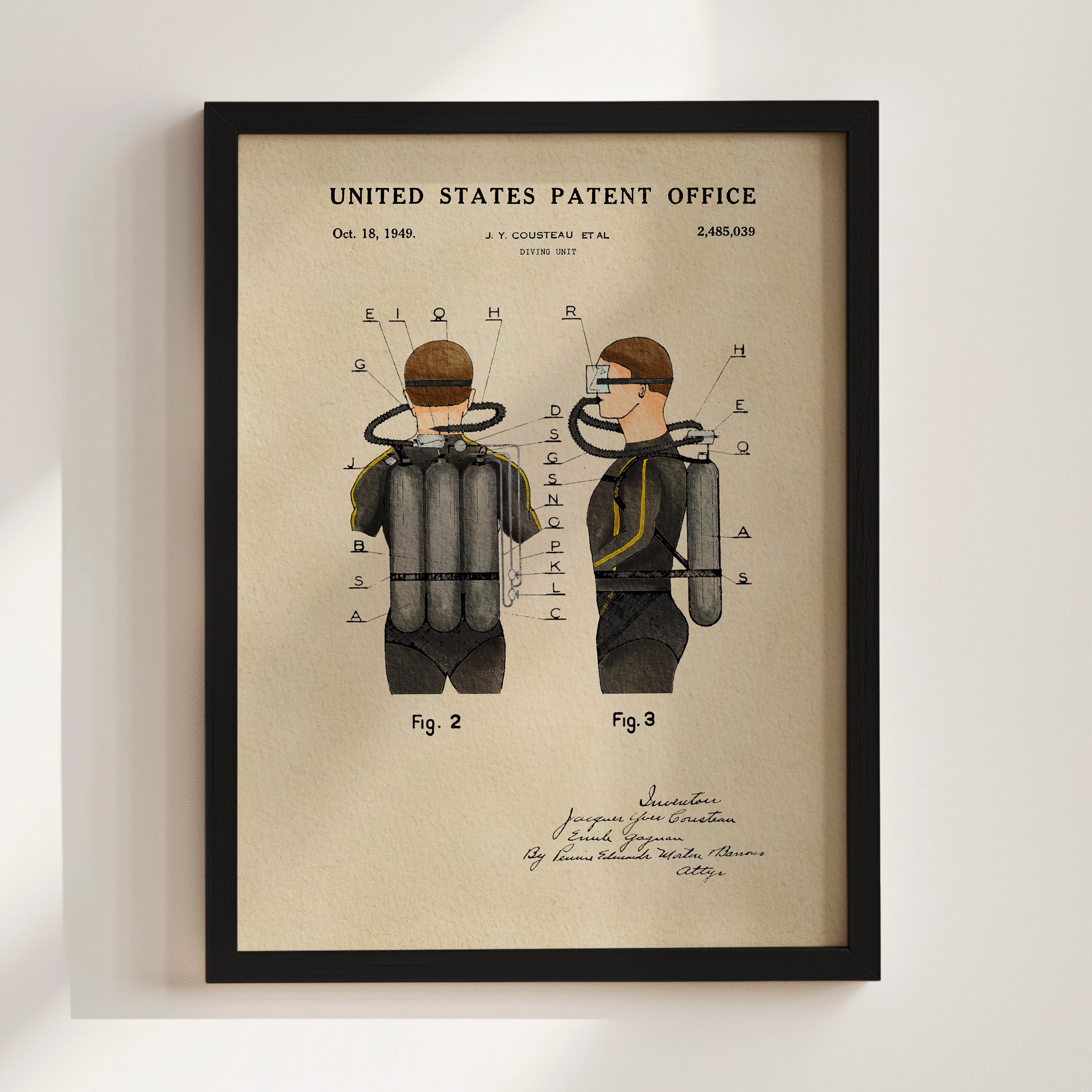 The image is a framed patent drawing depicting a diving suit with various components, including a helmet, a wetsuit, and a breathing apparatus.