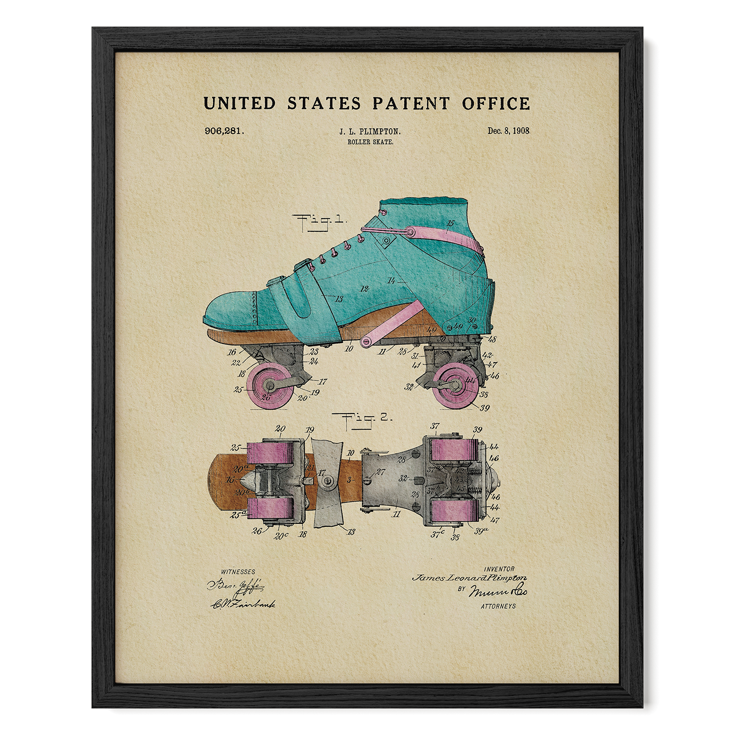 A framed patent drawing of a roller skate, depicting the design and features of the skateboard.