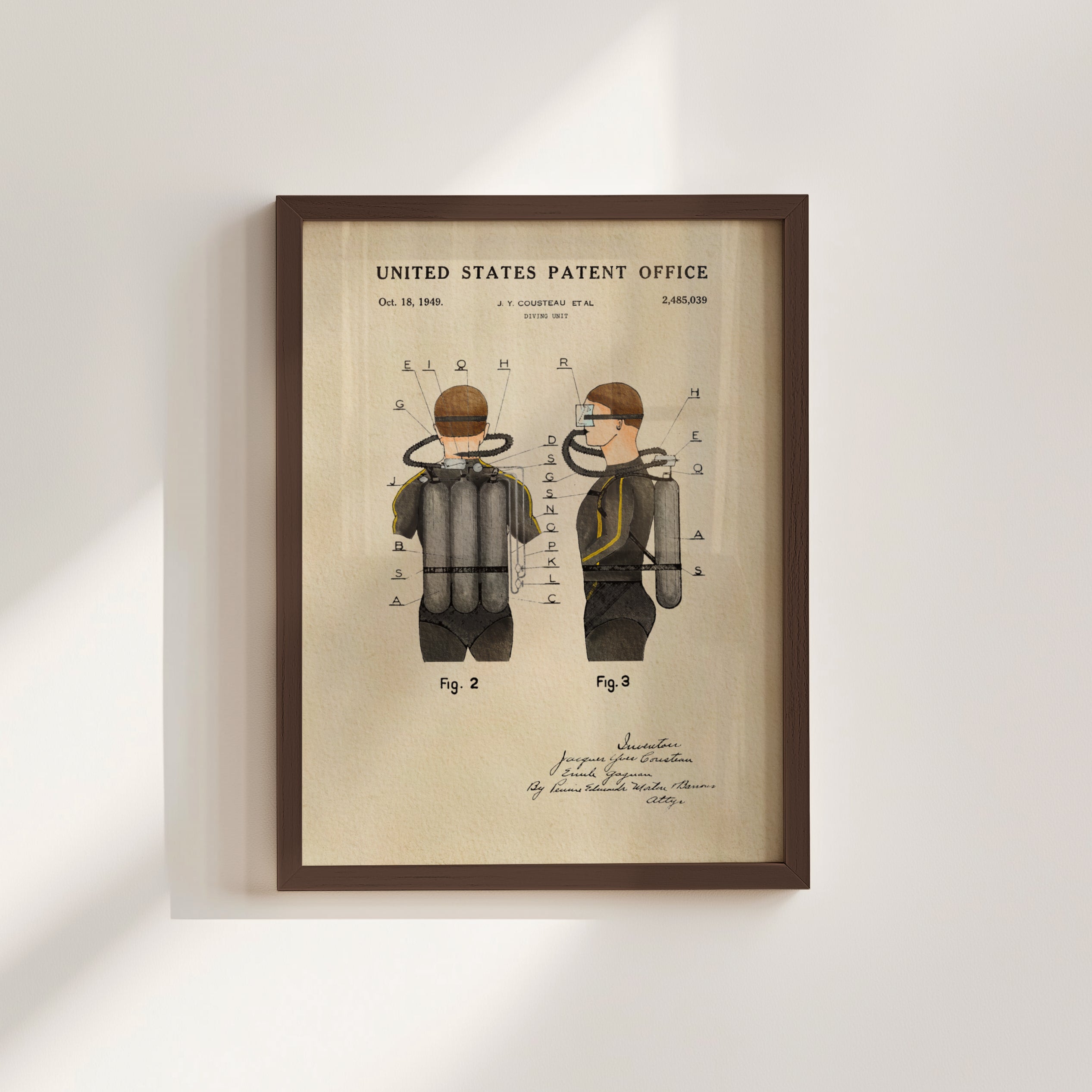 The image is a framed patent drawing depicting a diving suit with various technical drawings and annotations.