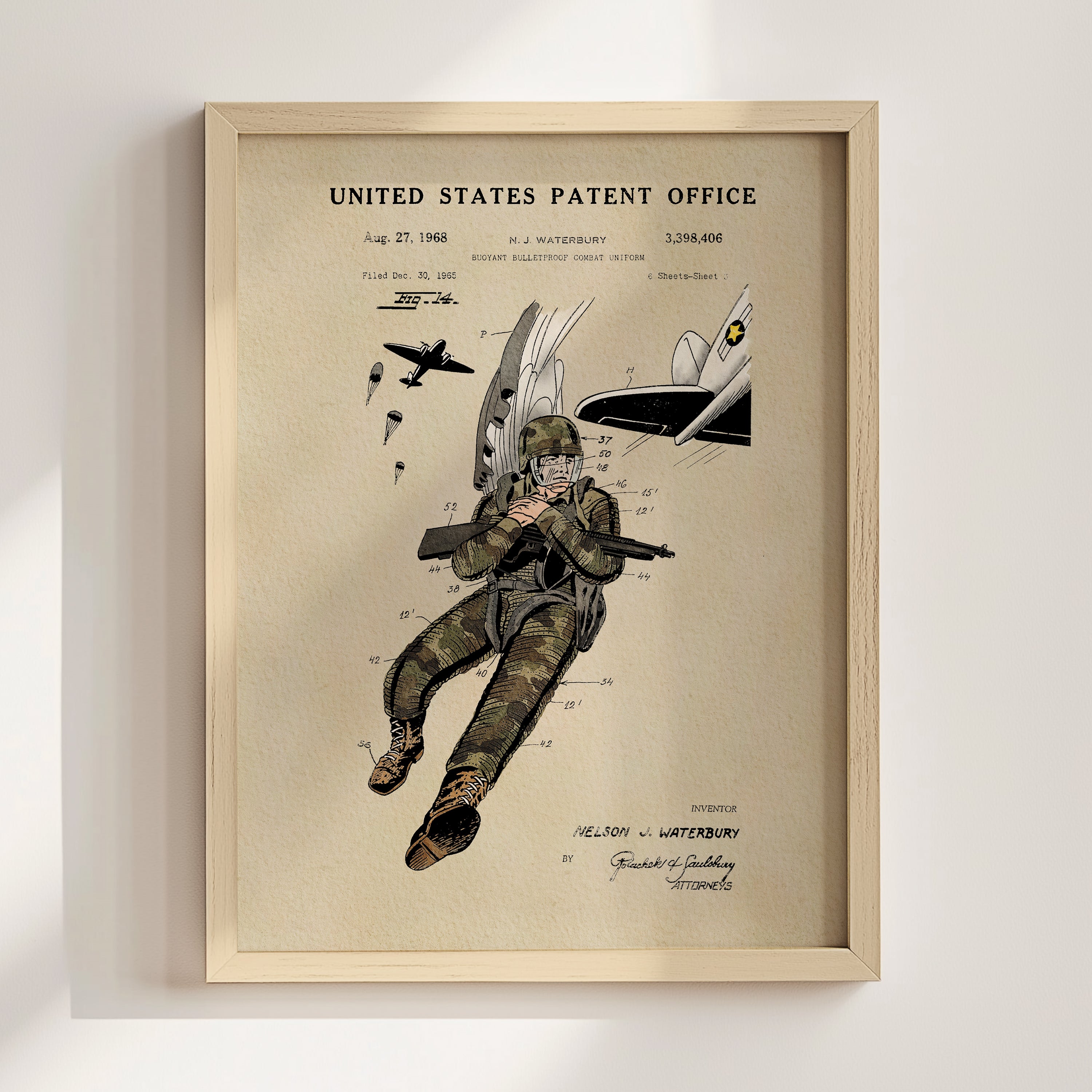 The image is a framed illustration depicting a soldier in camouflage uniform, holding a rifle, and flying a fighter jet.