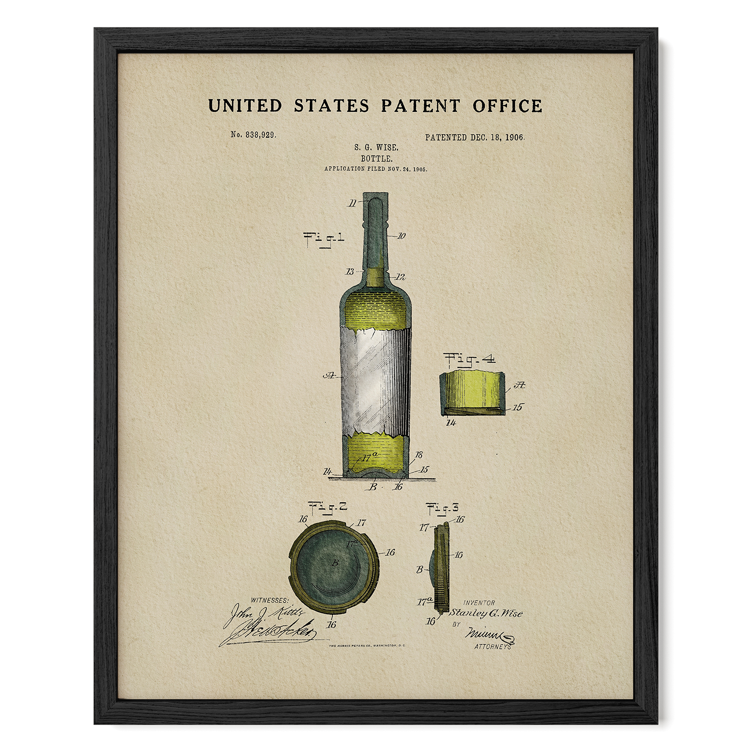 The image is a framed patent drawing depicting a wine bottle, with detailed technical drawings and labels.