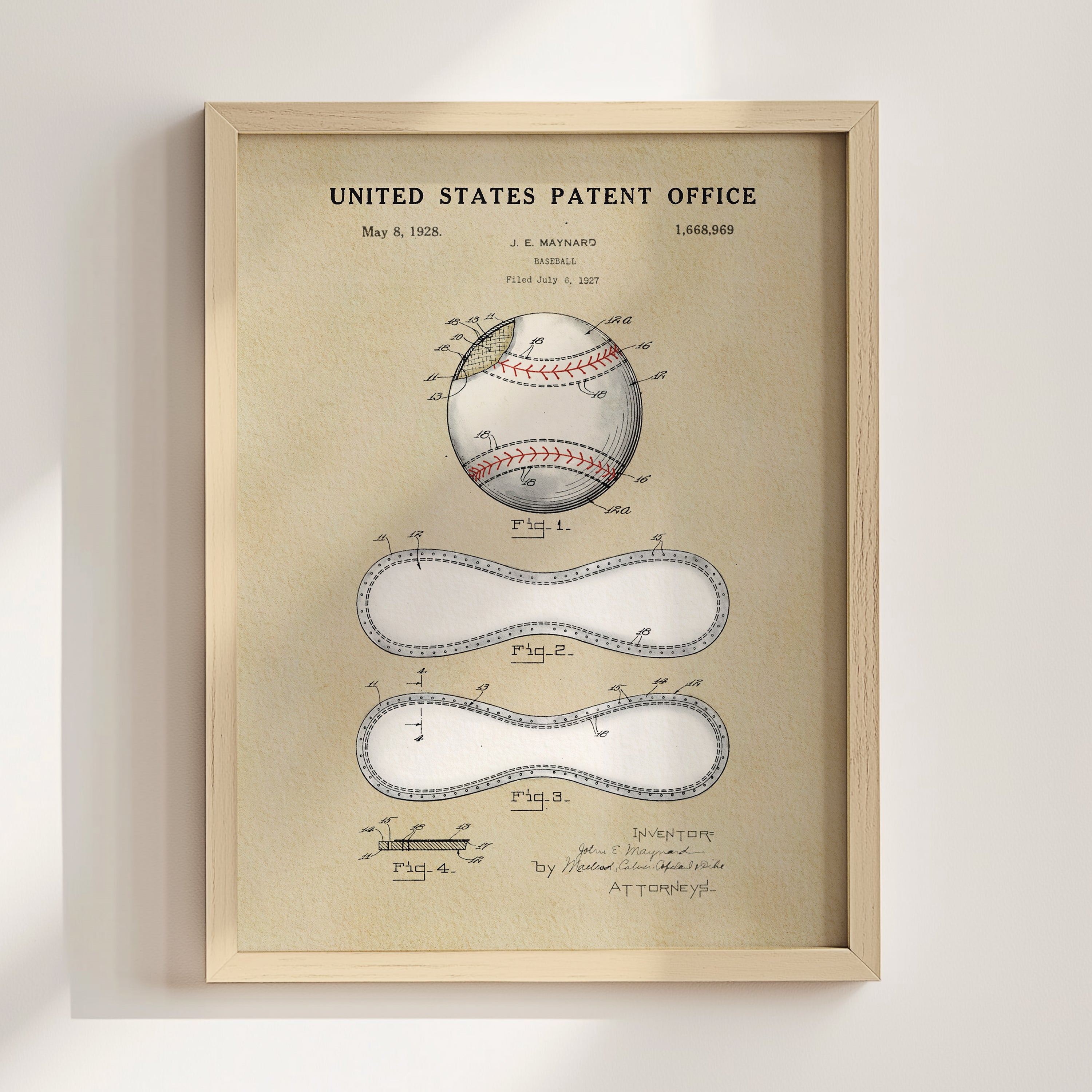 The image is a framed patent drawing depicting a baseball, with detailed technical drawings and labels.