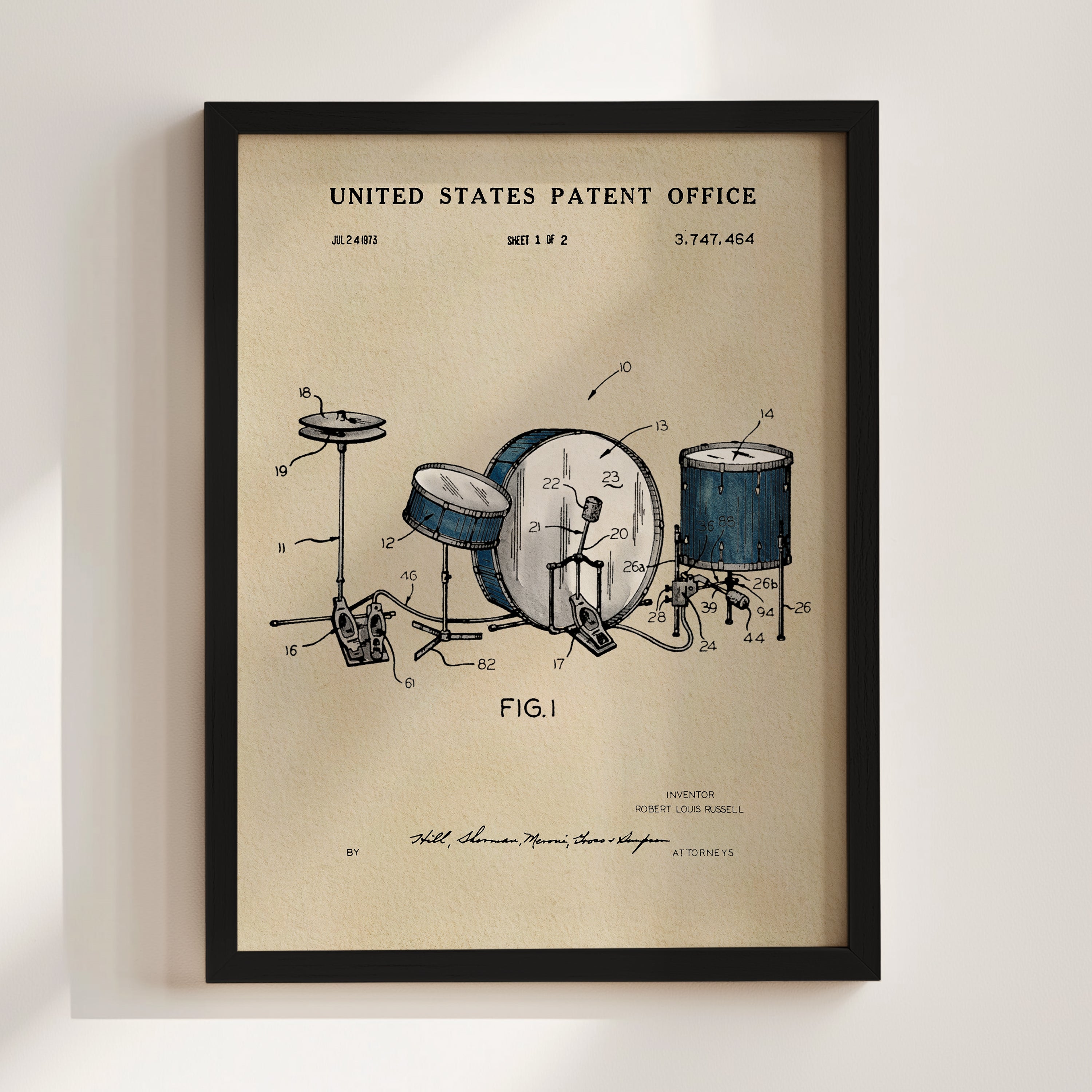 The image is a framed patent drawing depicting a drum set, with various technical drawings and labels.