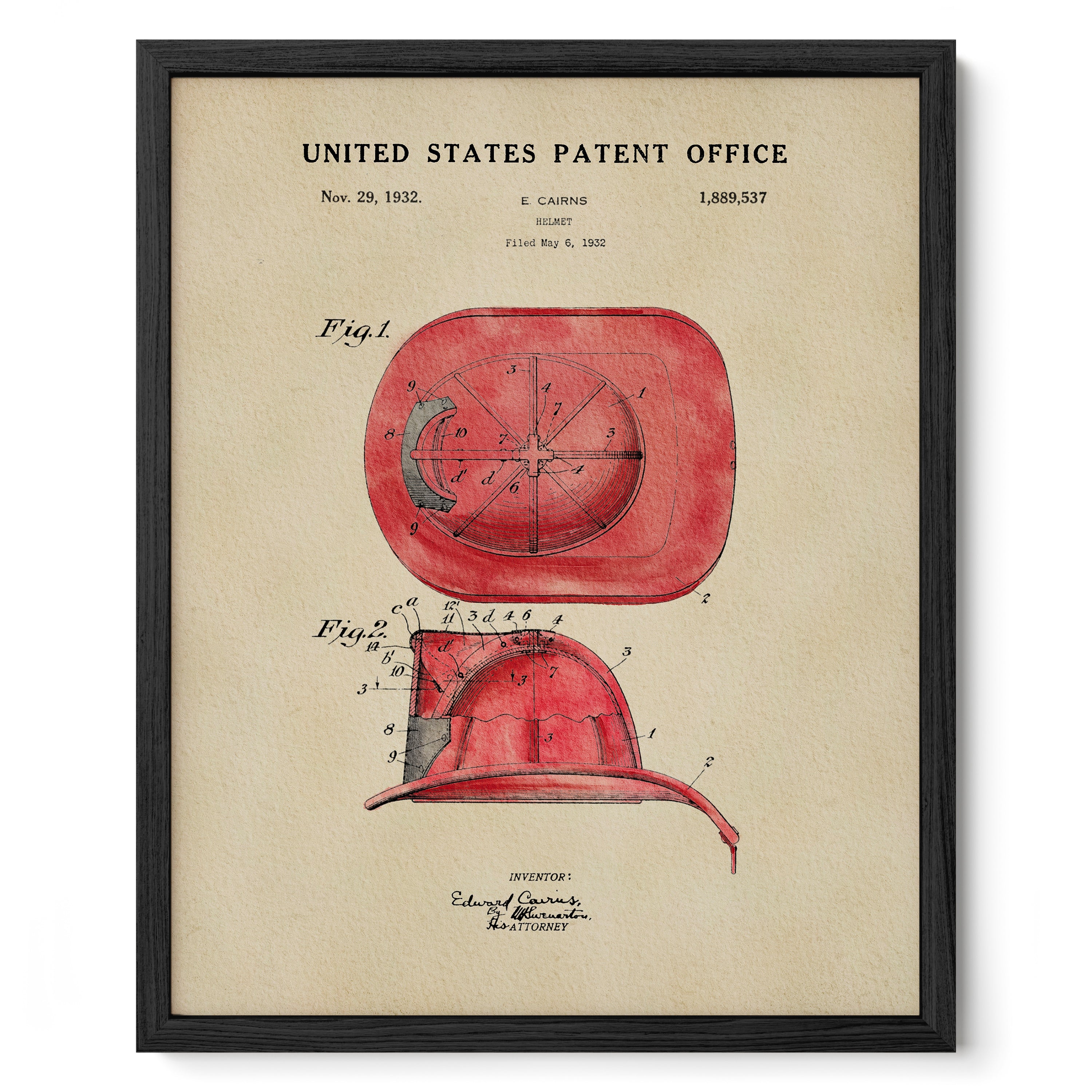 The image is a framed patent drawing of a red fire helmet, depicting the design and features of the helmet.
