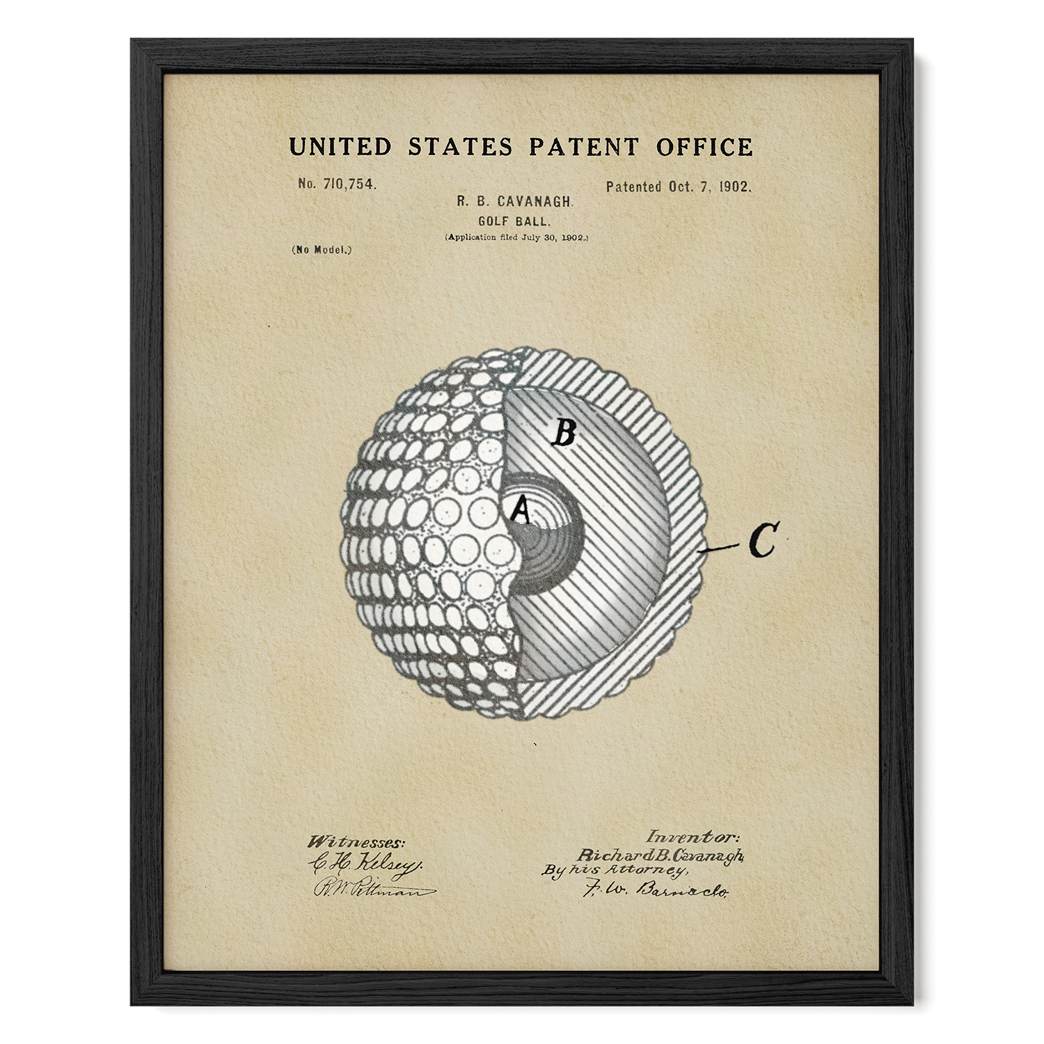 The image is a framed patent drawing of a golf ball, depicting the inside of the ball with a cross-section view.