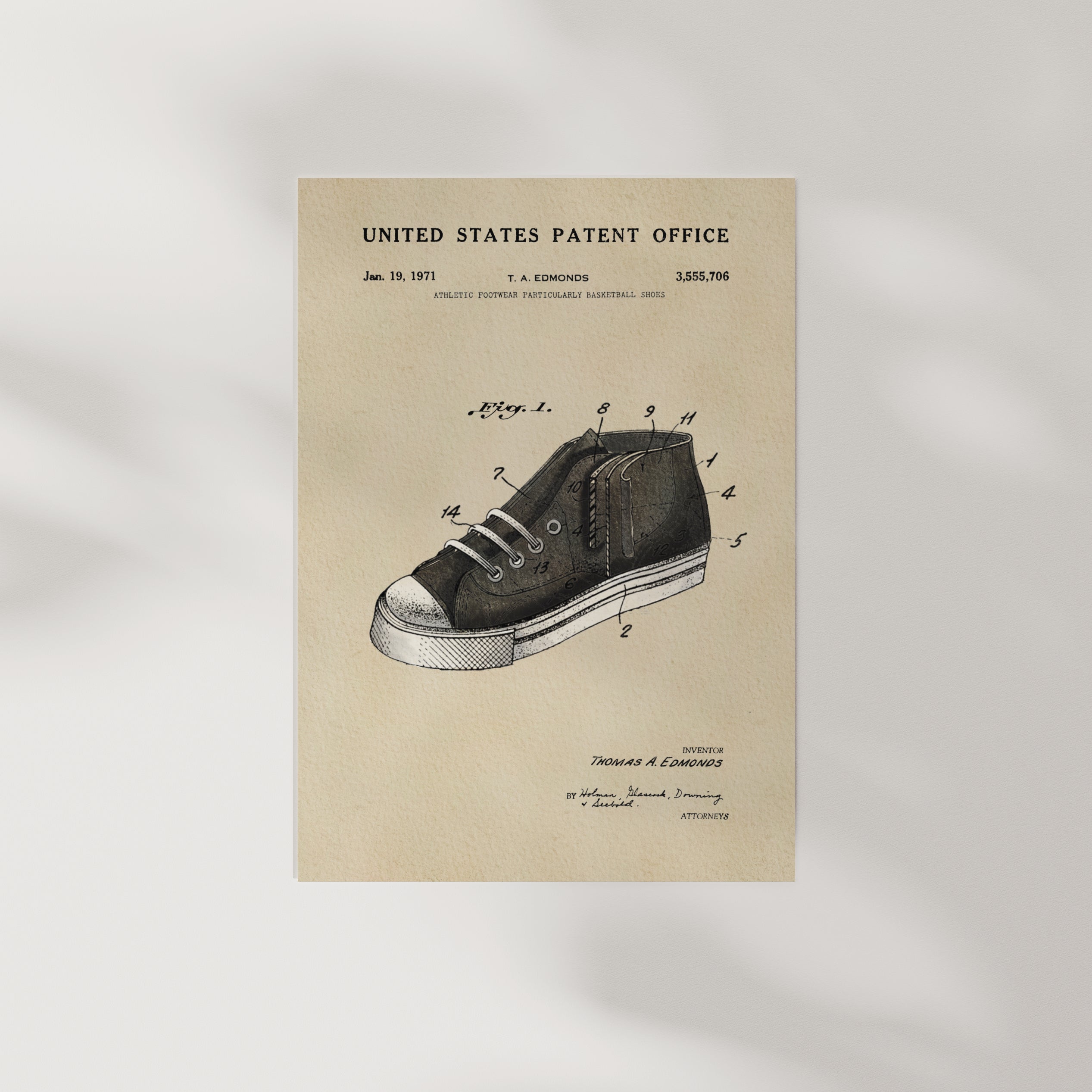 A printed page from the United States Patent Office, dated January 19, 1971, featuring an illustration of a shoe with detailed technical drawings and annotations.