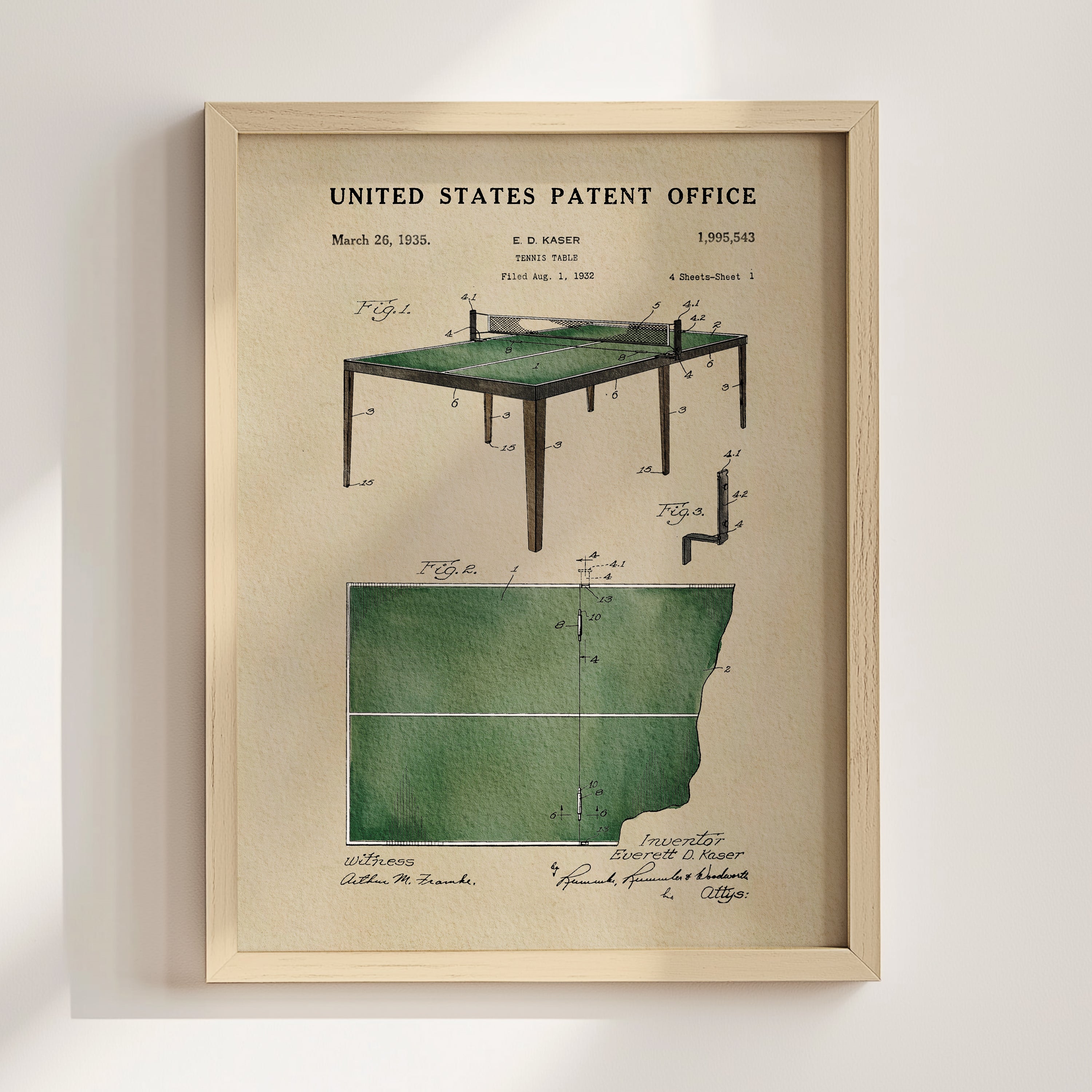 The image is a framed patent drawing of a table tennis table, depicting the design and features of the table.