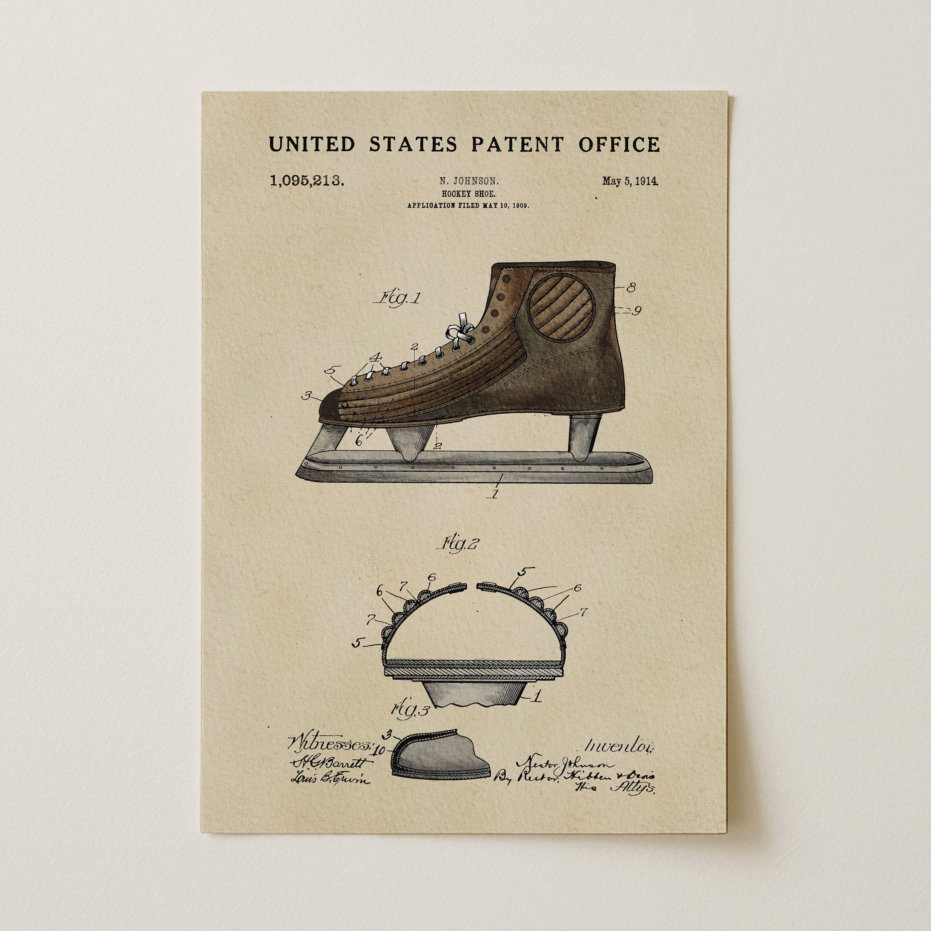 The image is a vintage patent drawing of a pair of ice skates, depicting the design and features of the footwear.