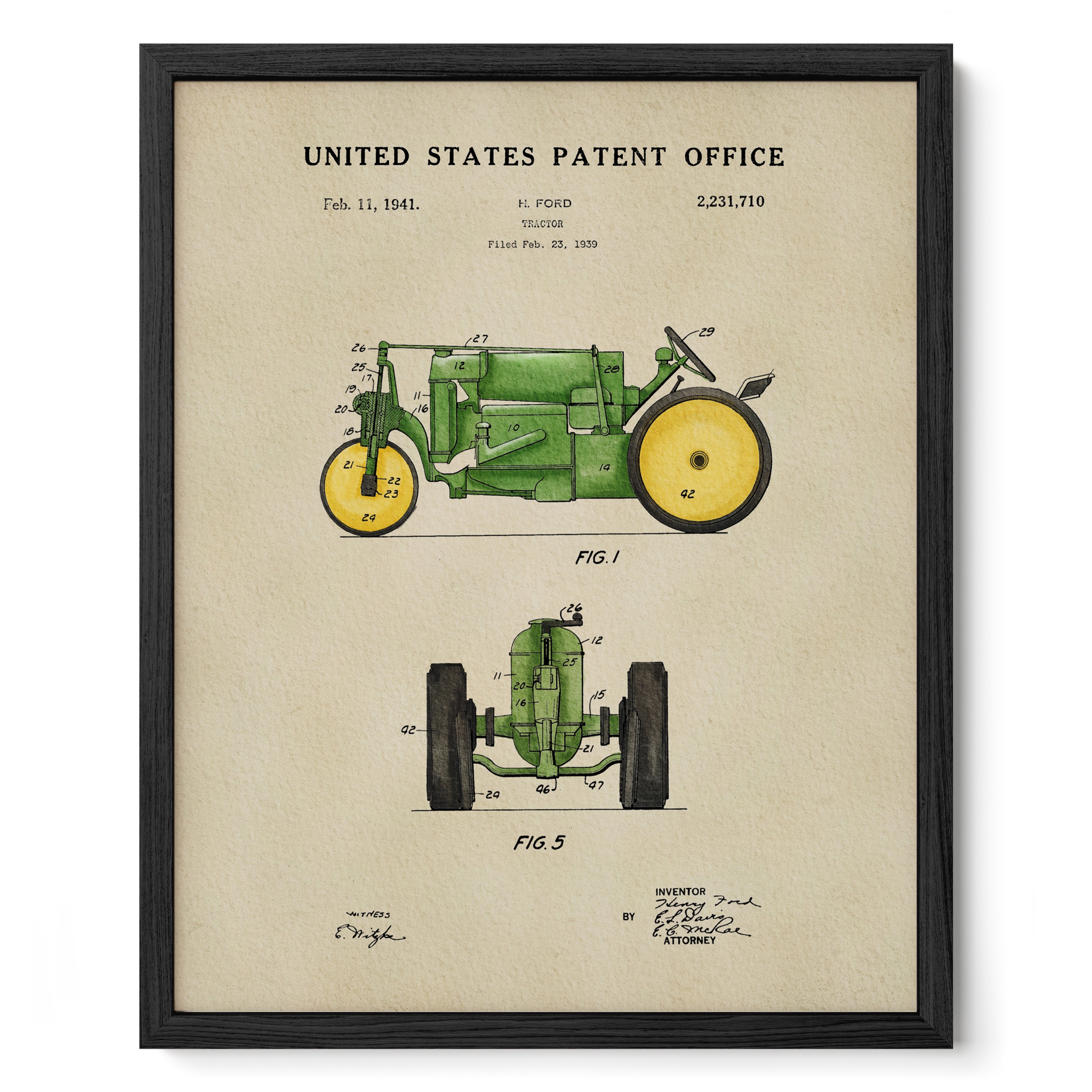 The image is a framed patent drawing of a tractor, depicting its design and features.