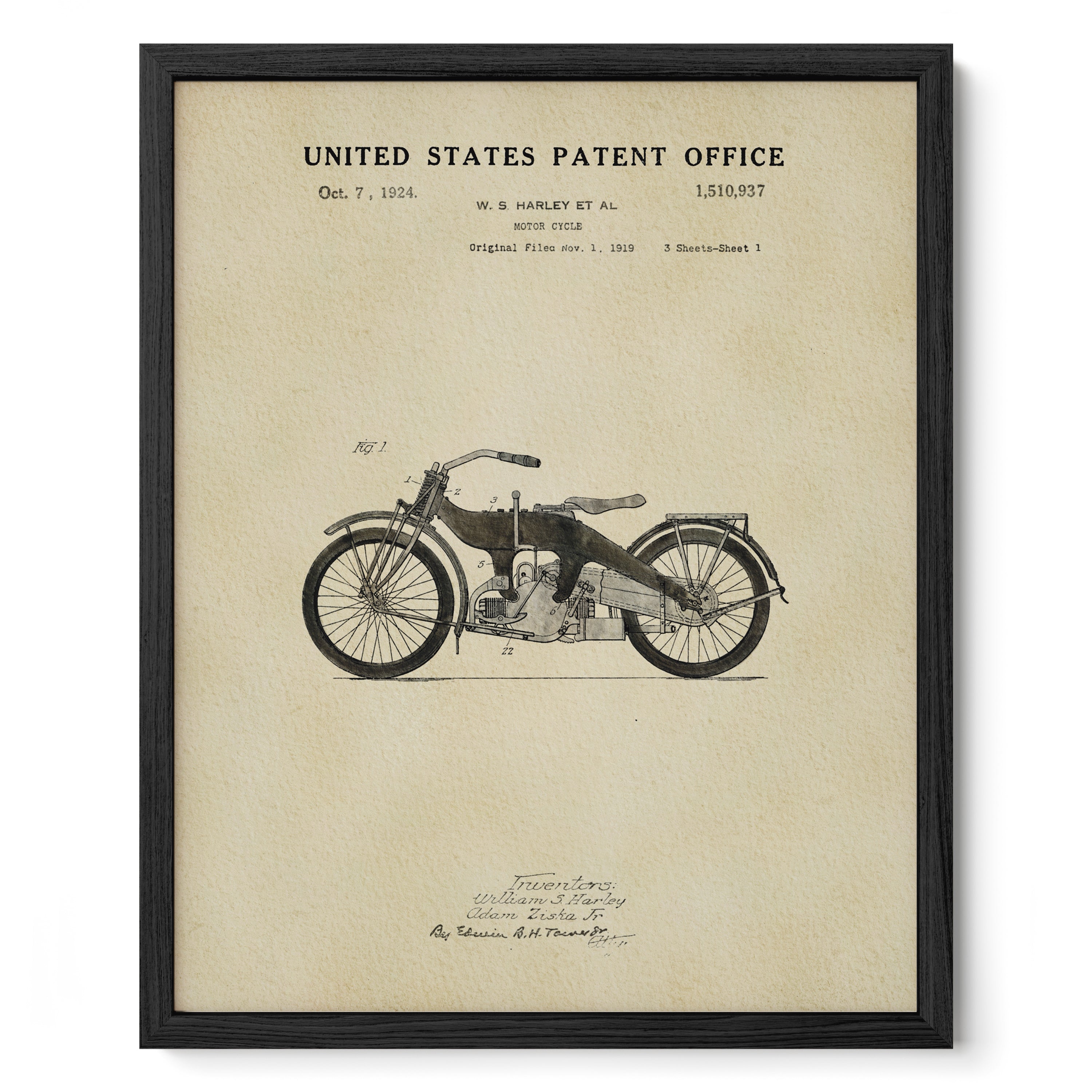 The image is a framed patent drawing of a motorcycle from the United States Patent Office dated October 7, 1924.