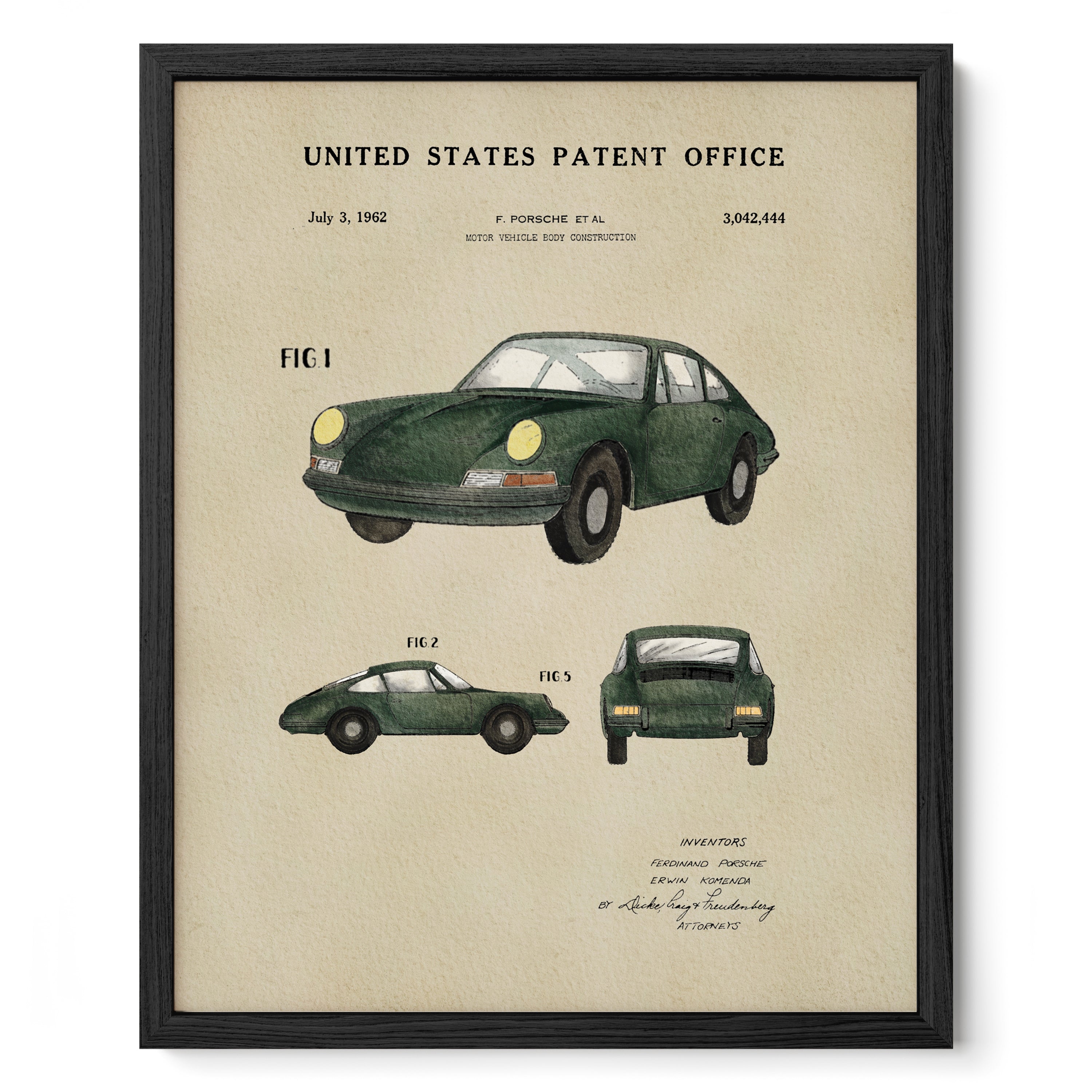The image is a framed patent drawing of a green Porsche 911 car, depicting the car's design and features.