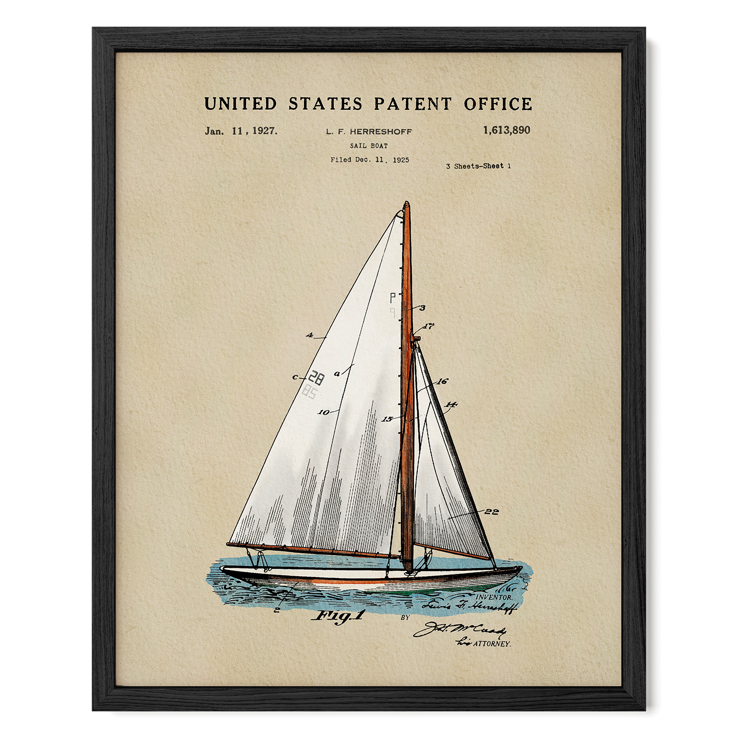 A framed patent drawing of a sailboat from the United States, dated Jan. 11, 1927, with the patent number 1,813,900.