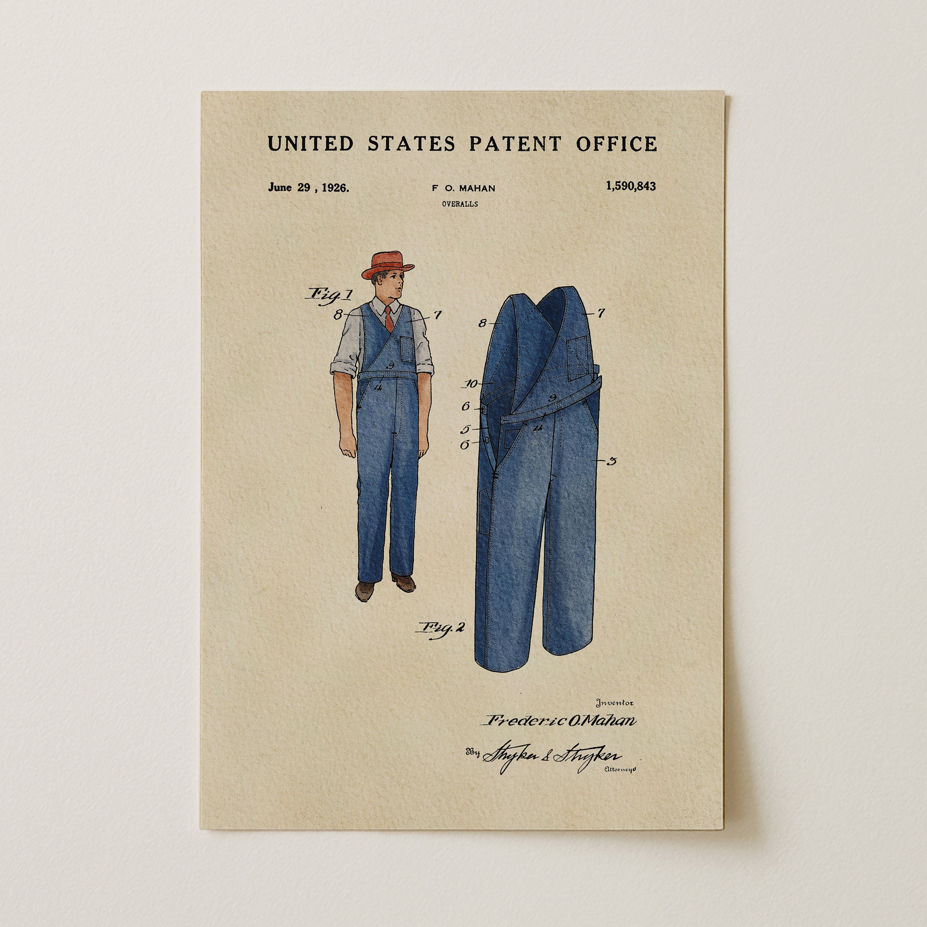 The image is a patent drawing from the United States Patent Office, depicting a man's overalls from June 29, 1926.