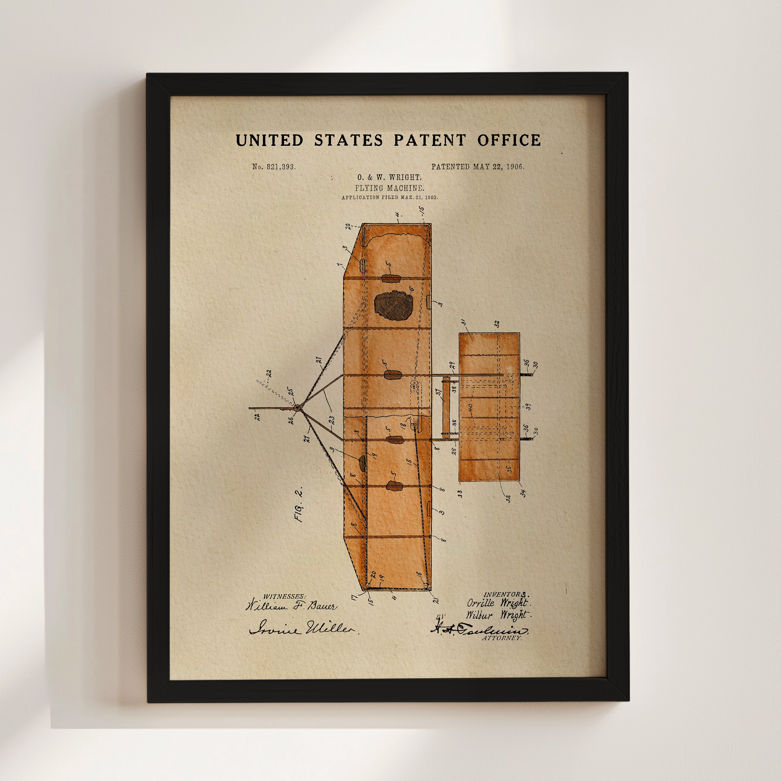 The image is a framed print of a United States patent office patent from May 20, 1906, titled