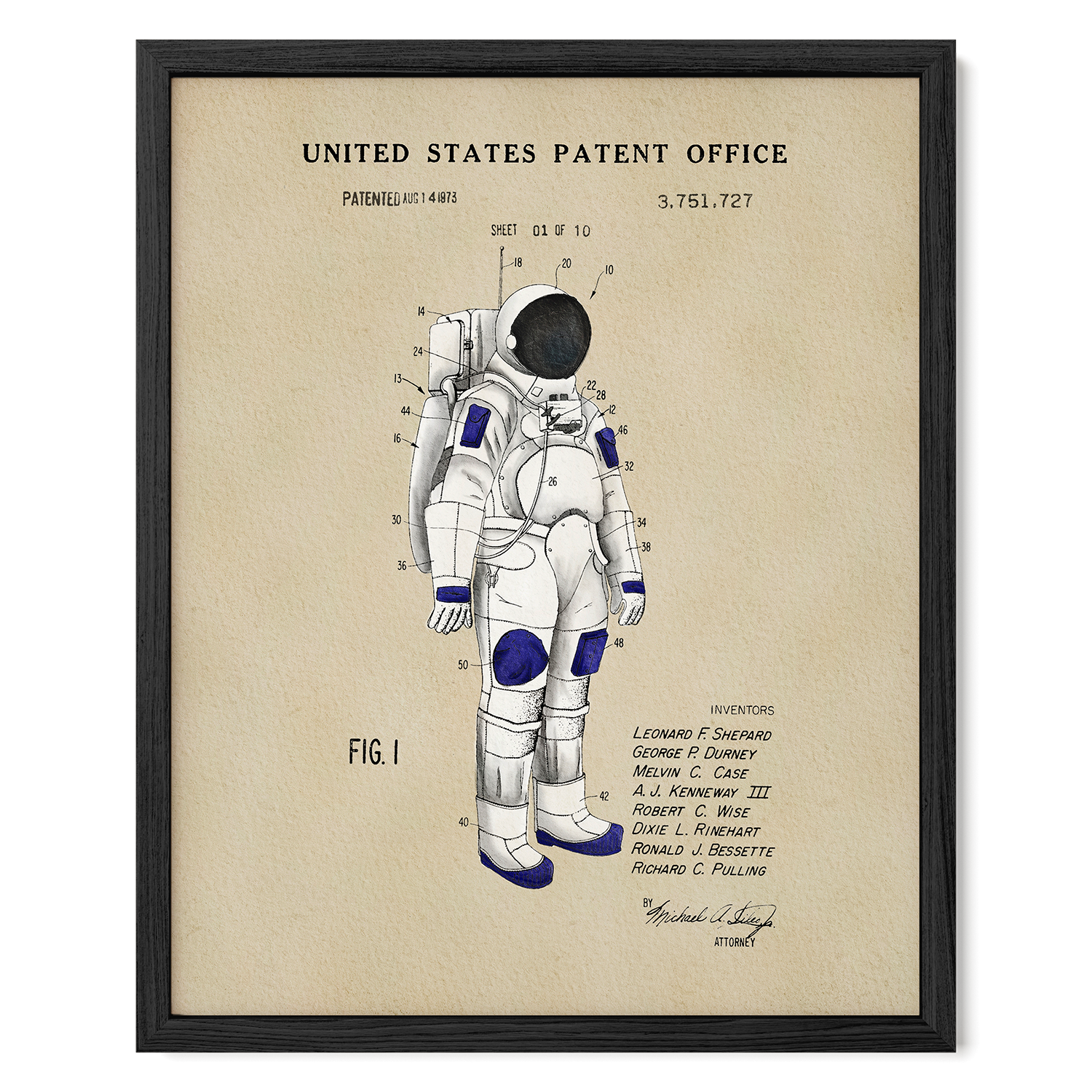 The image is a framed patent drawing depicting an astronaut's spacesuit, with various technical drawings and labels.