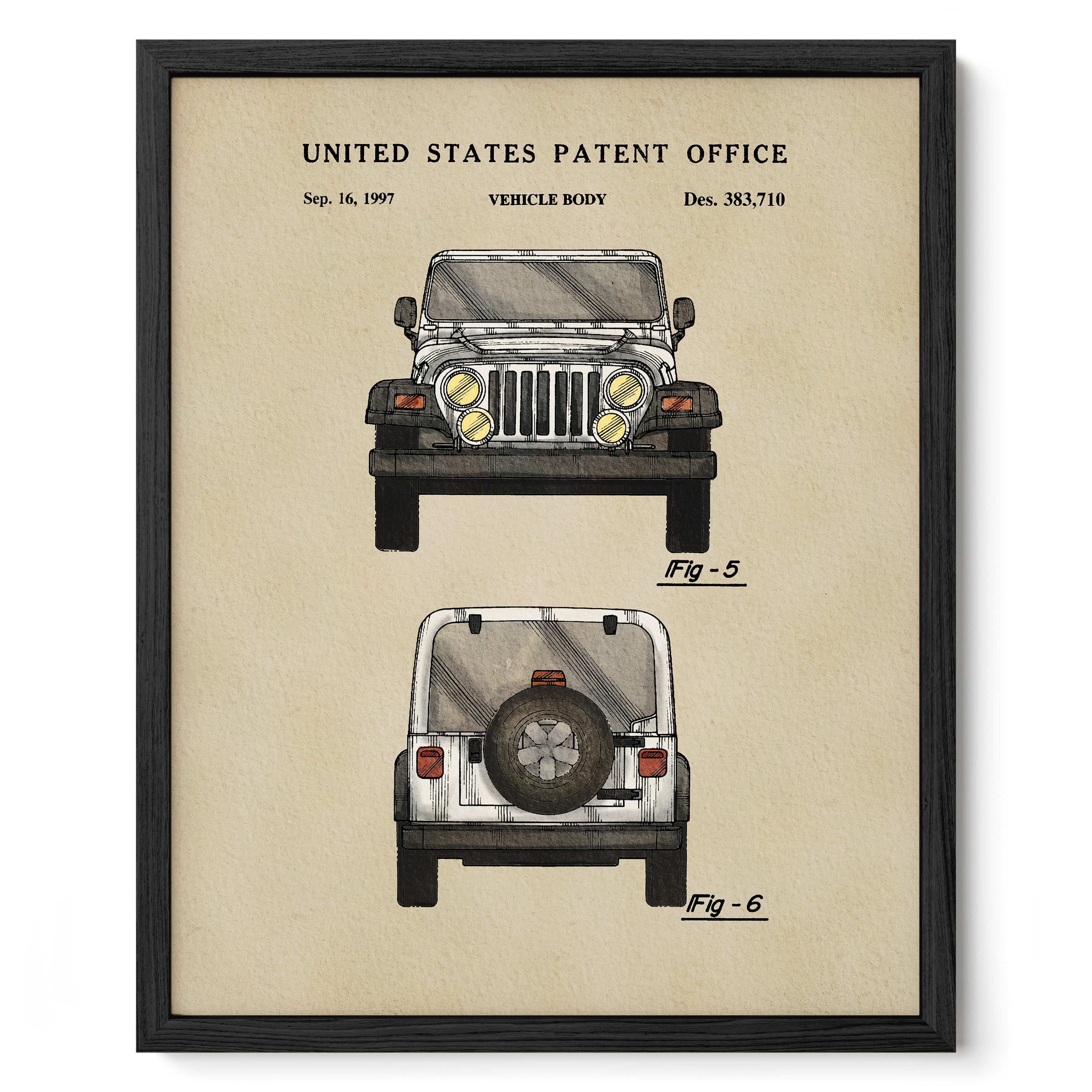 The image is a framed patent drawing of a vehicle, specifically a Jeep, with detailed illustrations of the vehicle's body and features.