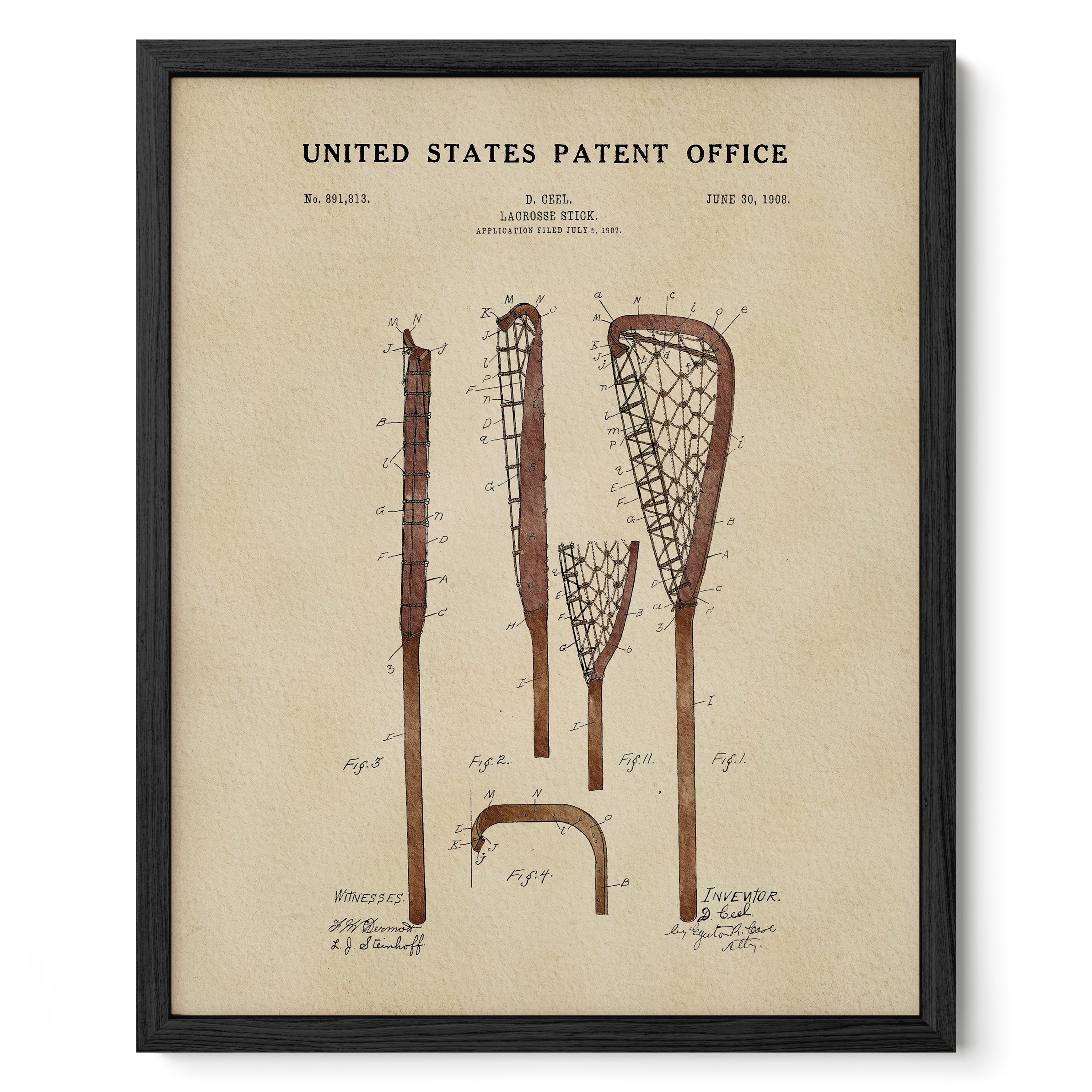 The image is a framed print depicting a lacrosse stick with various technical drawings and labels, including the United States Patent Office.