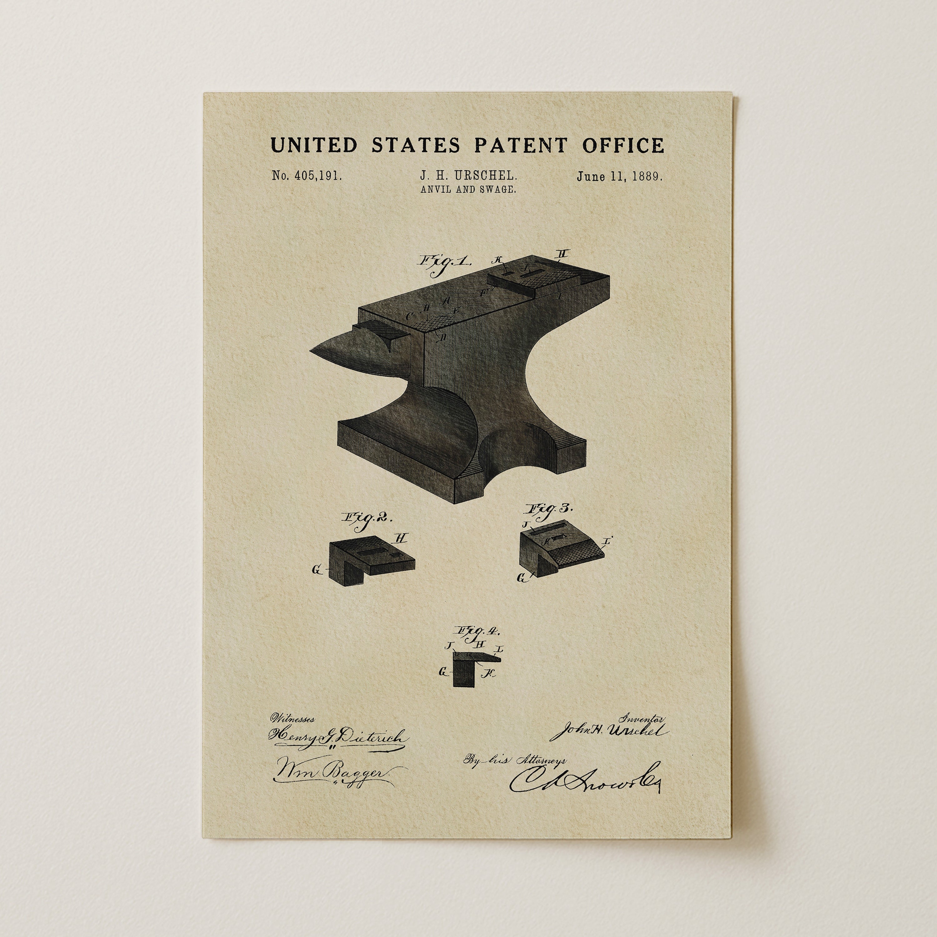 The image is a black and white patent drawing of a forge, depicting a forge and a forge tool.