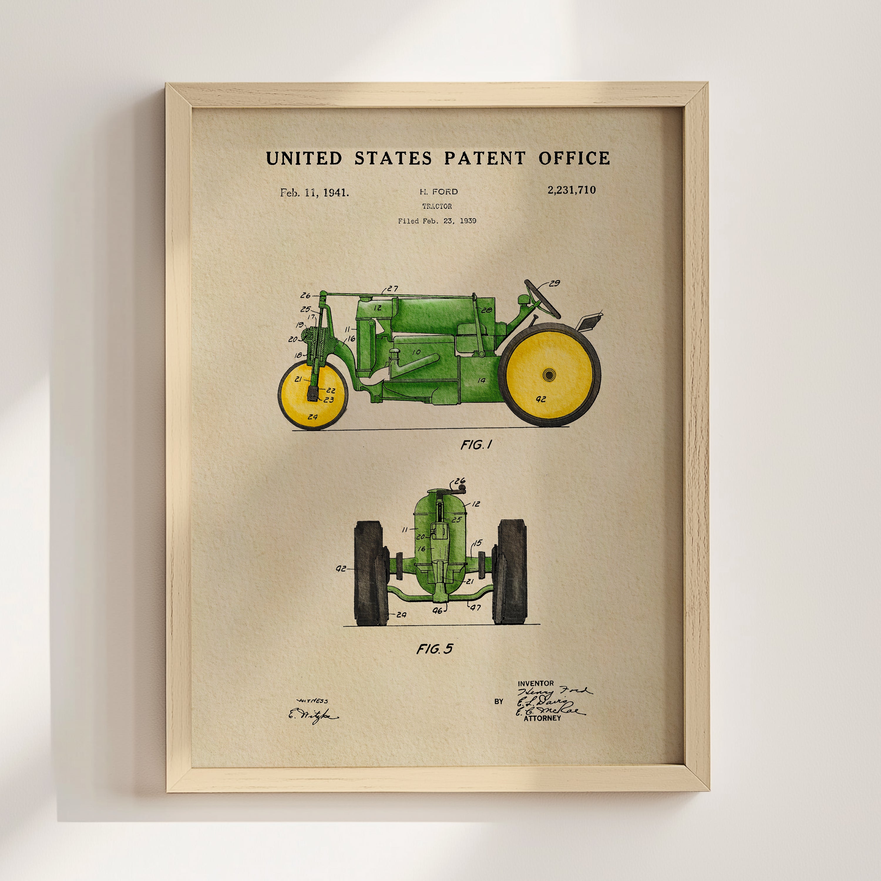 The image is a framed patent drawing of a tractor, depicting its design and features.
