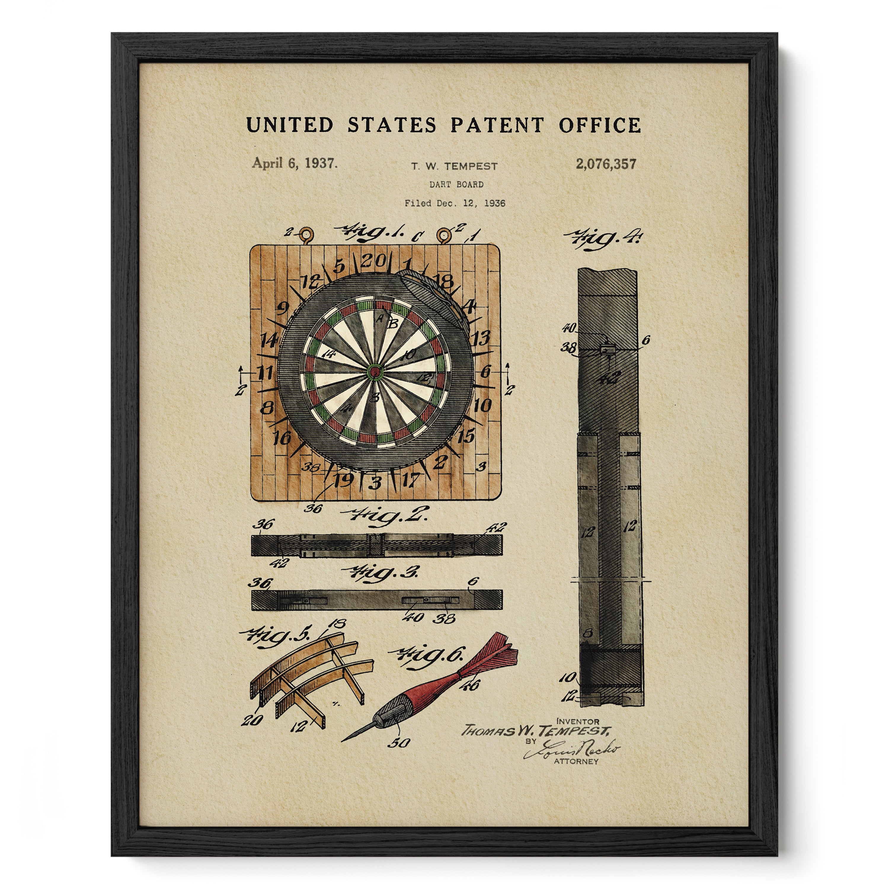 The image is a framed patent drawing depicting a dartboard and various dart-related components, including a dart and a dartboard.