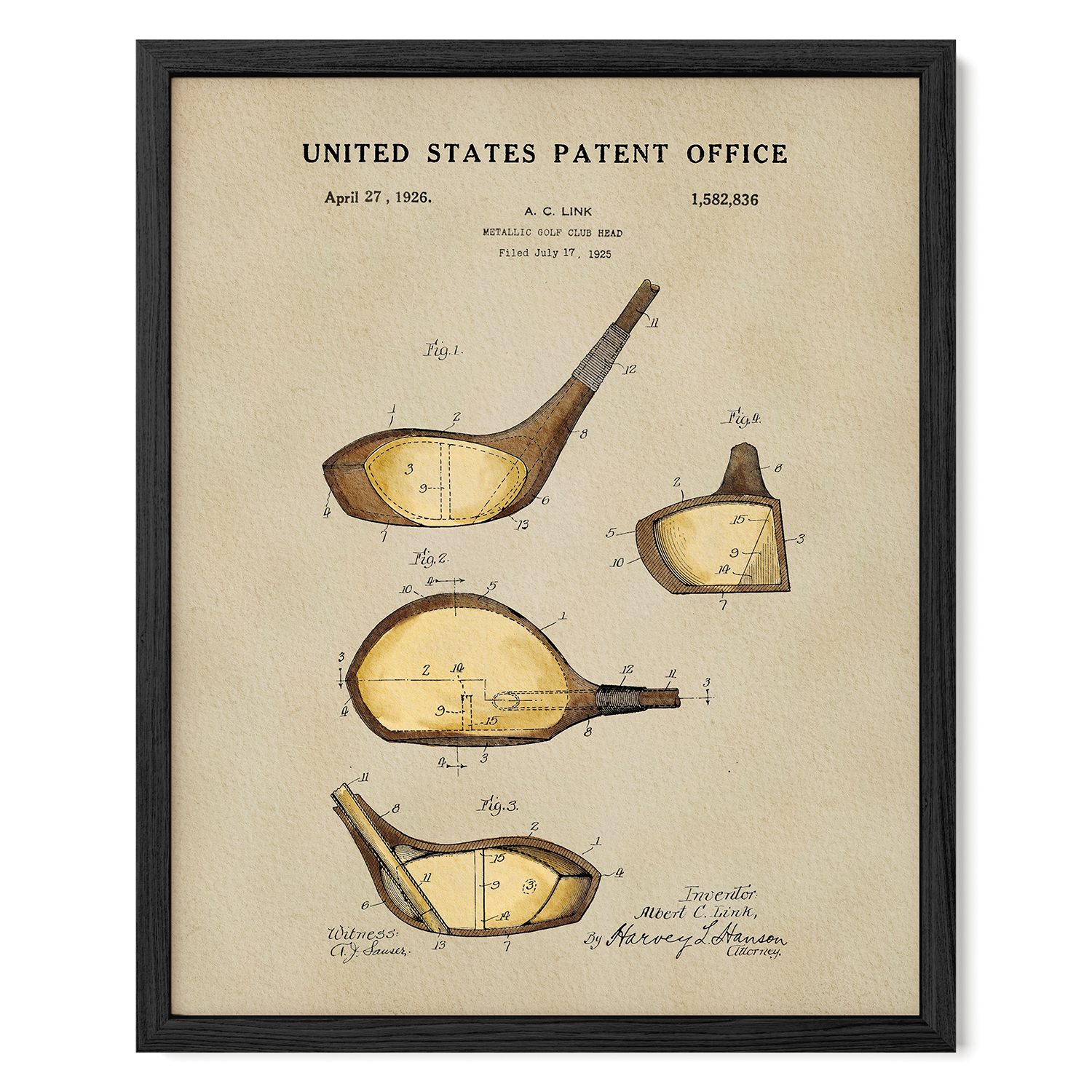 The image is a framed patent drawing depicting a golf club, specifically the club head, with various technical drawings and measurements.