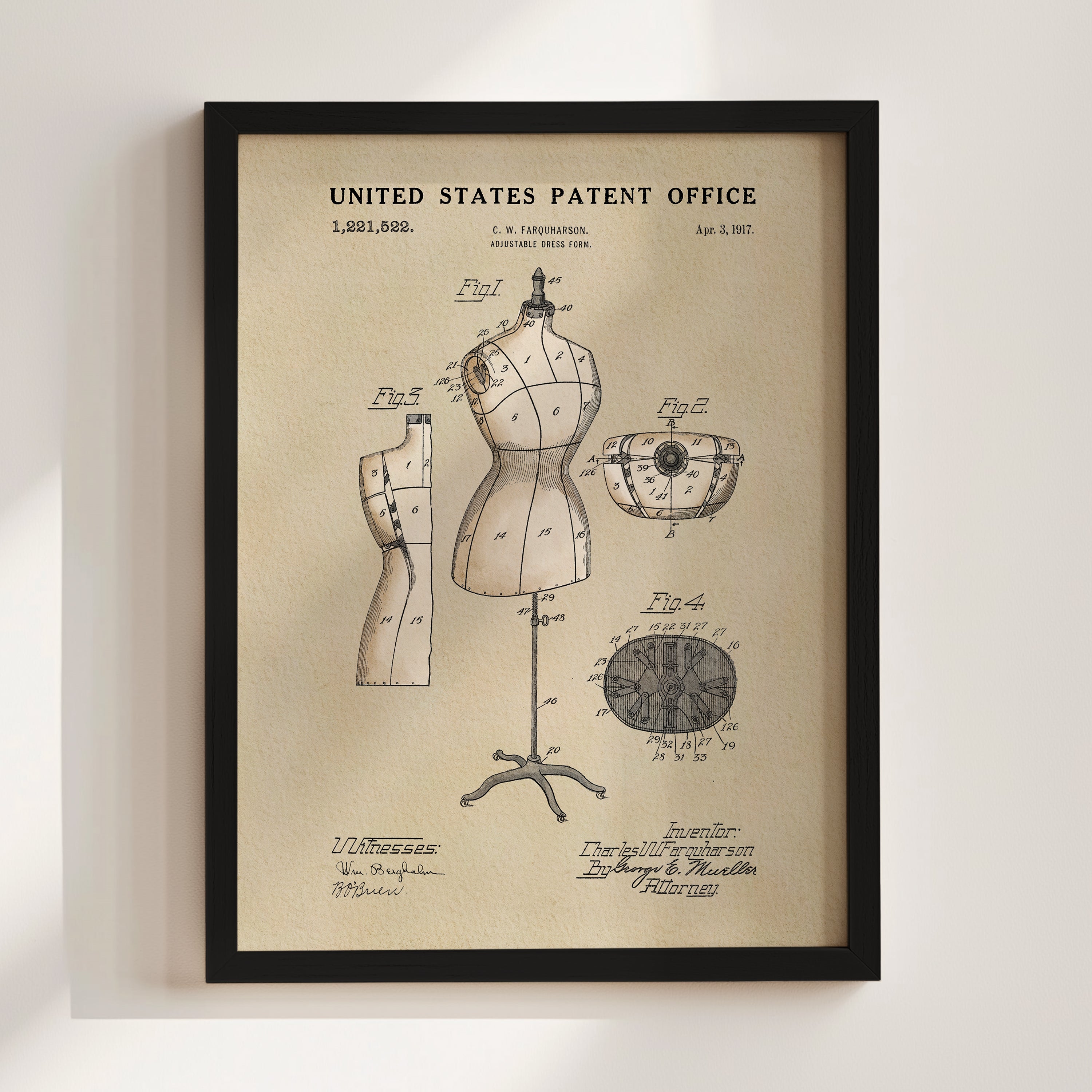 The image is a framed patent drawing depicting a mannequin with various technical drawings and specifications.